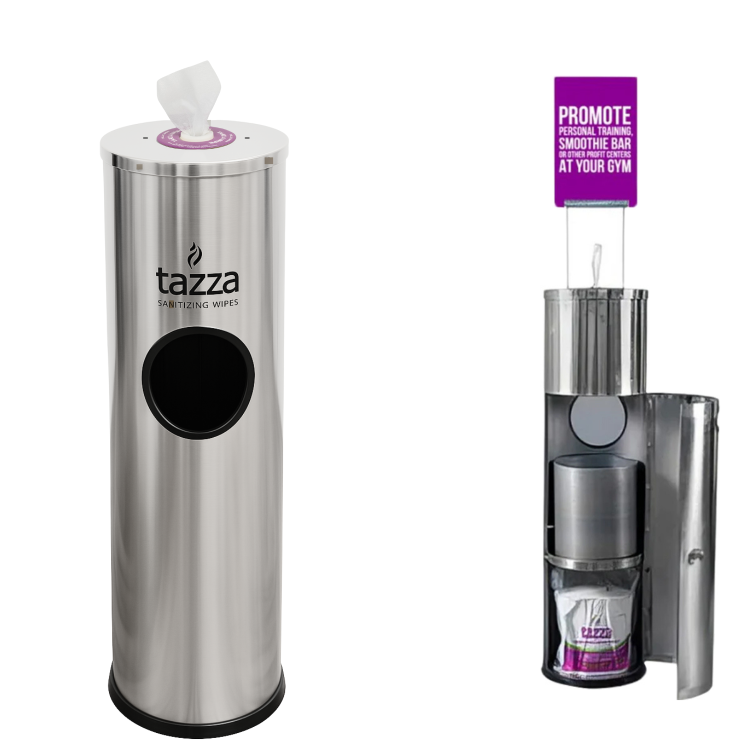 Gym Equipment Wipe Dispenser with Stainless Steel Floor Stand, Built-in Trash Can, Fitness Equipment Wipes Holder, 1.5 Gallon, Silver