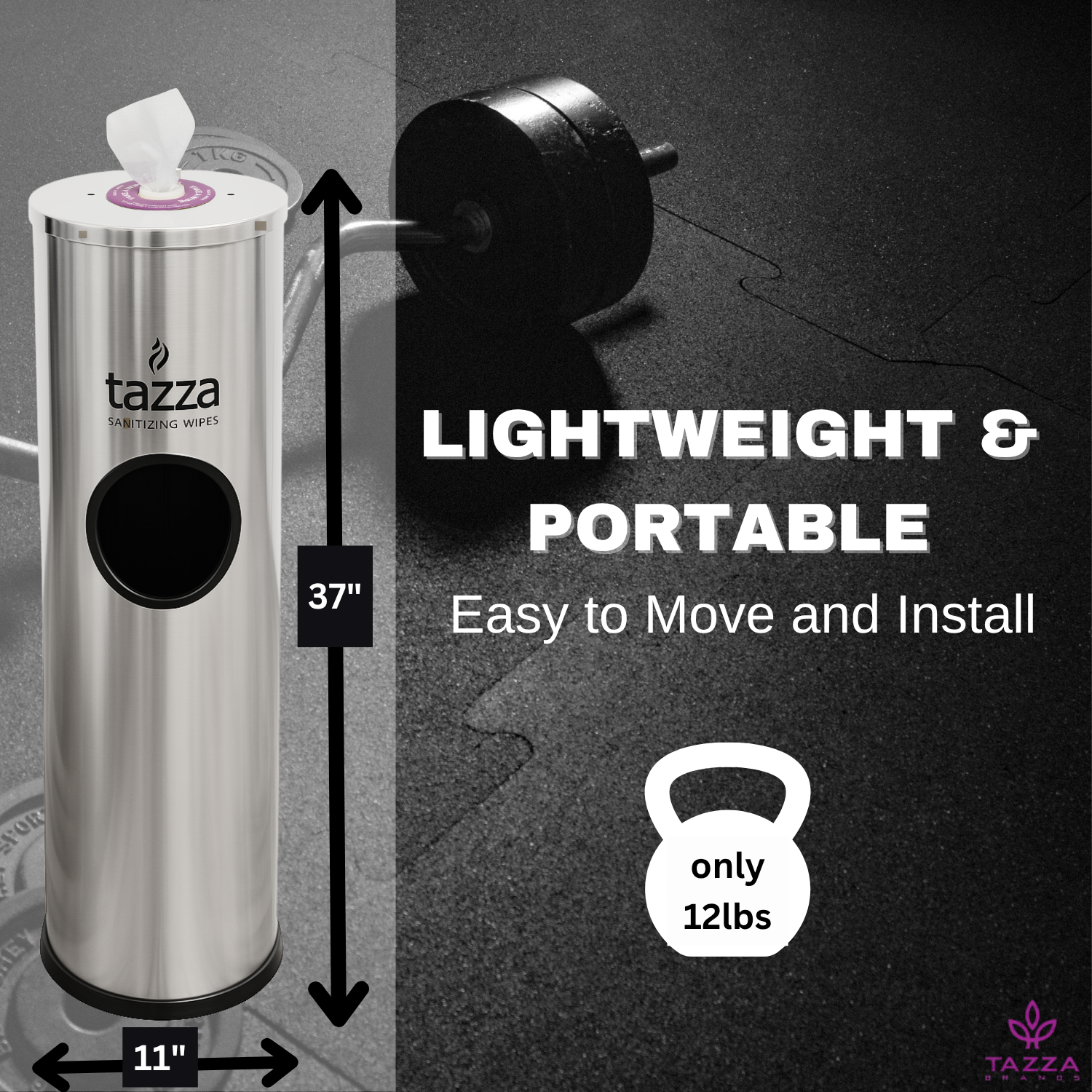 Gym Equipment Wipe Dispenser with Stainless Steel Floor Stand, Built-in Trash Can, Fitness Equipment Wipes Holder, 1.5 Gallon, Silver