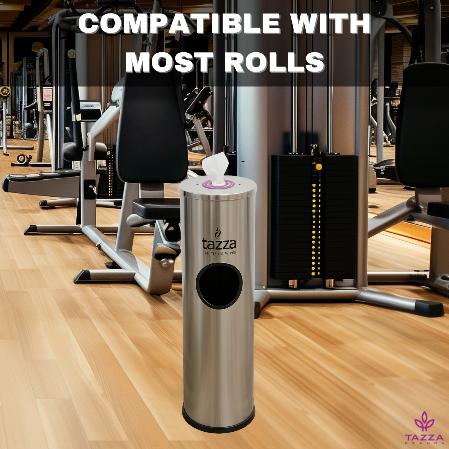 Gym Equipment Wipe Dispenser with Stainless Steel Floor Stand, Built-in Trash Can, Fitness Equipment Wipes Holder, 1.5 Gallon, Silver