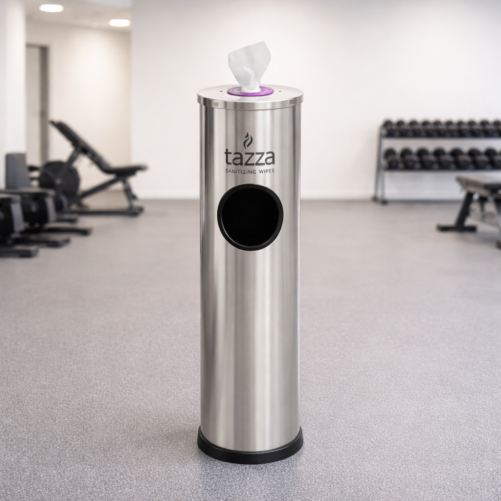 Gym Equipment Wipe Dispenser with Stainless Steel Floor Stand, Built-in Trash Can, Fitness Equipment Wipes Holder, 1.5 Gallon, Silver