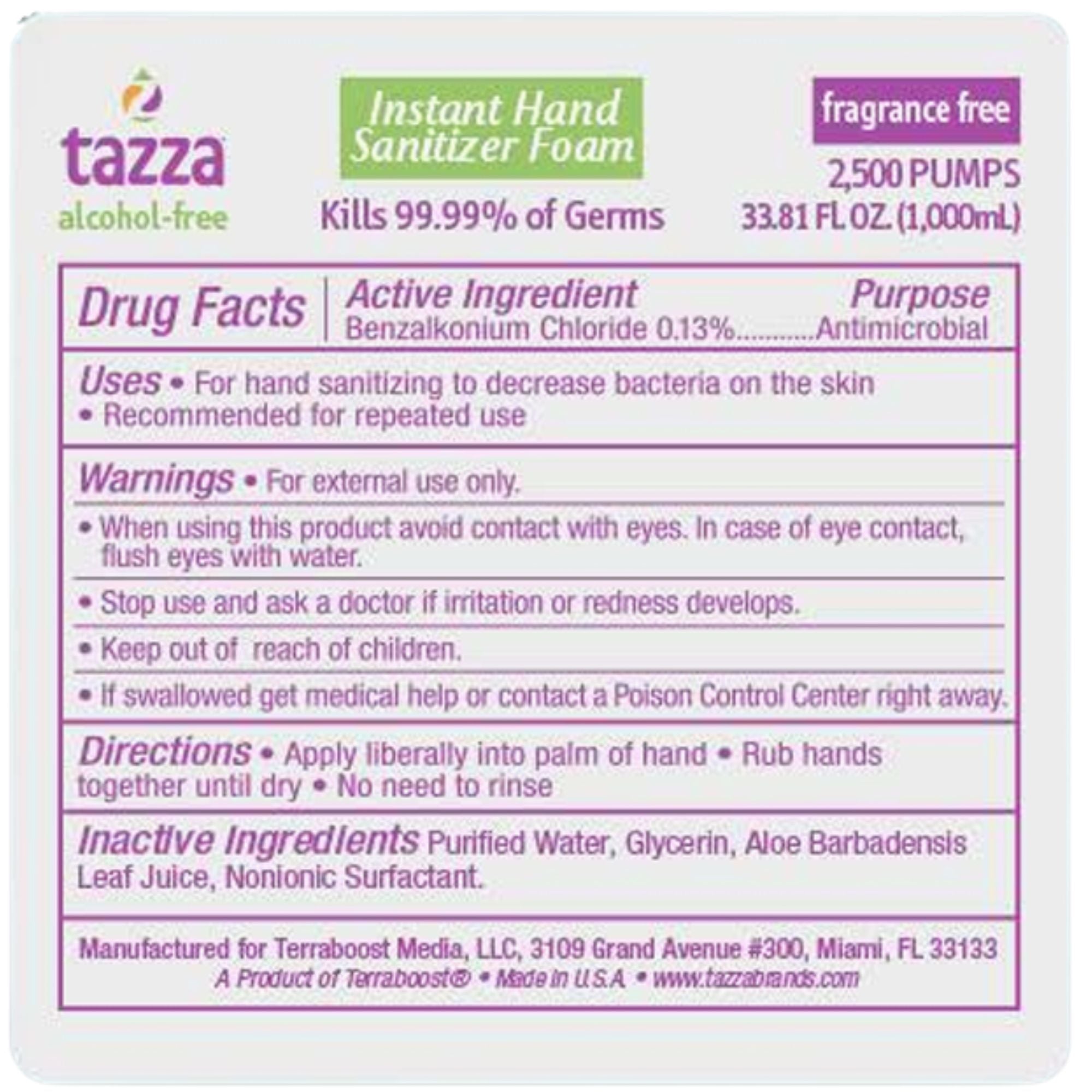 2 Liter Non-Alcohol Hand Sanitizer Refill (2 x 1L, 5000 pumps total) for Tazza Dispensers