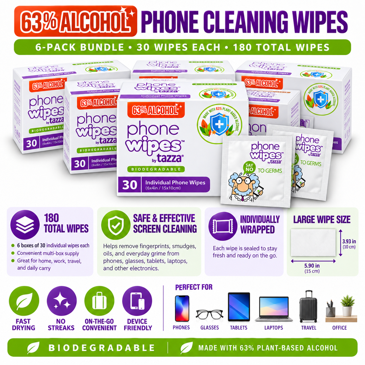 Screen Wipes - 6 x 30 Count (180 Total Wipes) - 63% Alcohol, Individually Wrapped Electronics Cleaning Wipes