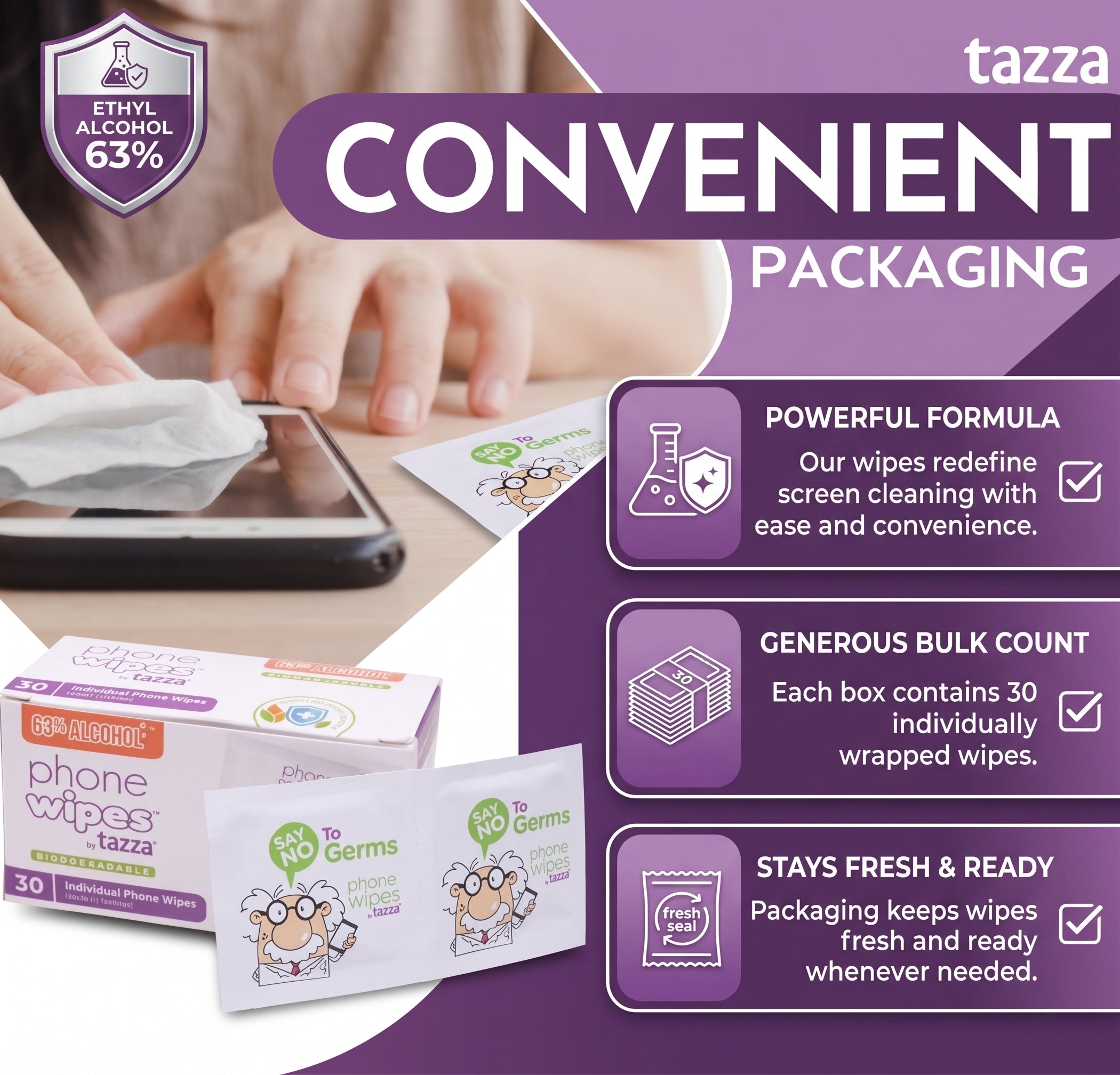 Screen Wipes - 6 x 30 Count (180 Total Wipes) - 63% Alcohol, Individually Wrapped Electronics Cleaning Wipes