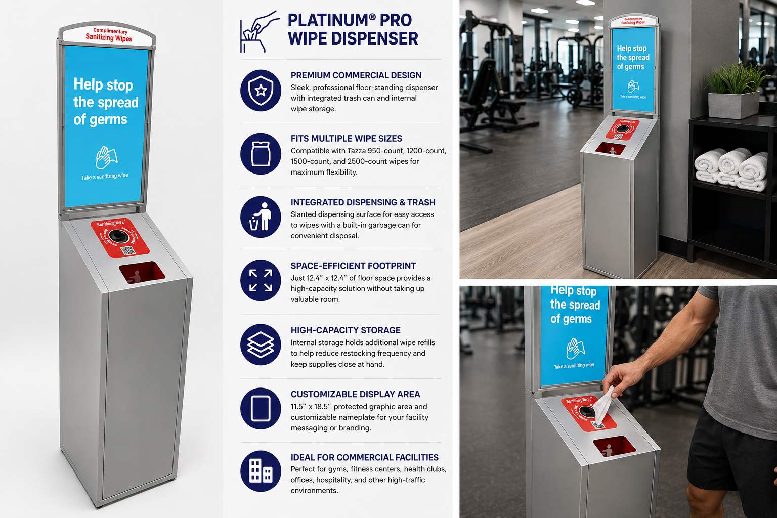 Tazza Platinum Pro Wipe Dispenser – Premium Floor-Standing Gym Wipe Dispenser with Integrated Trash Can