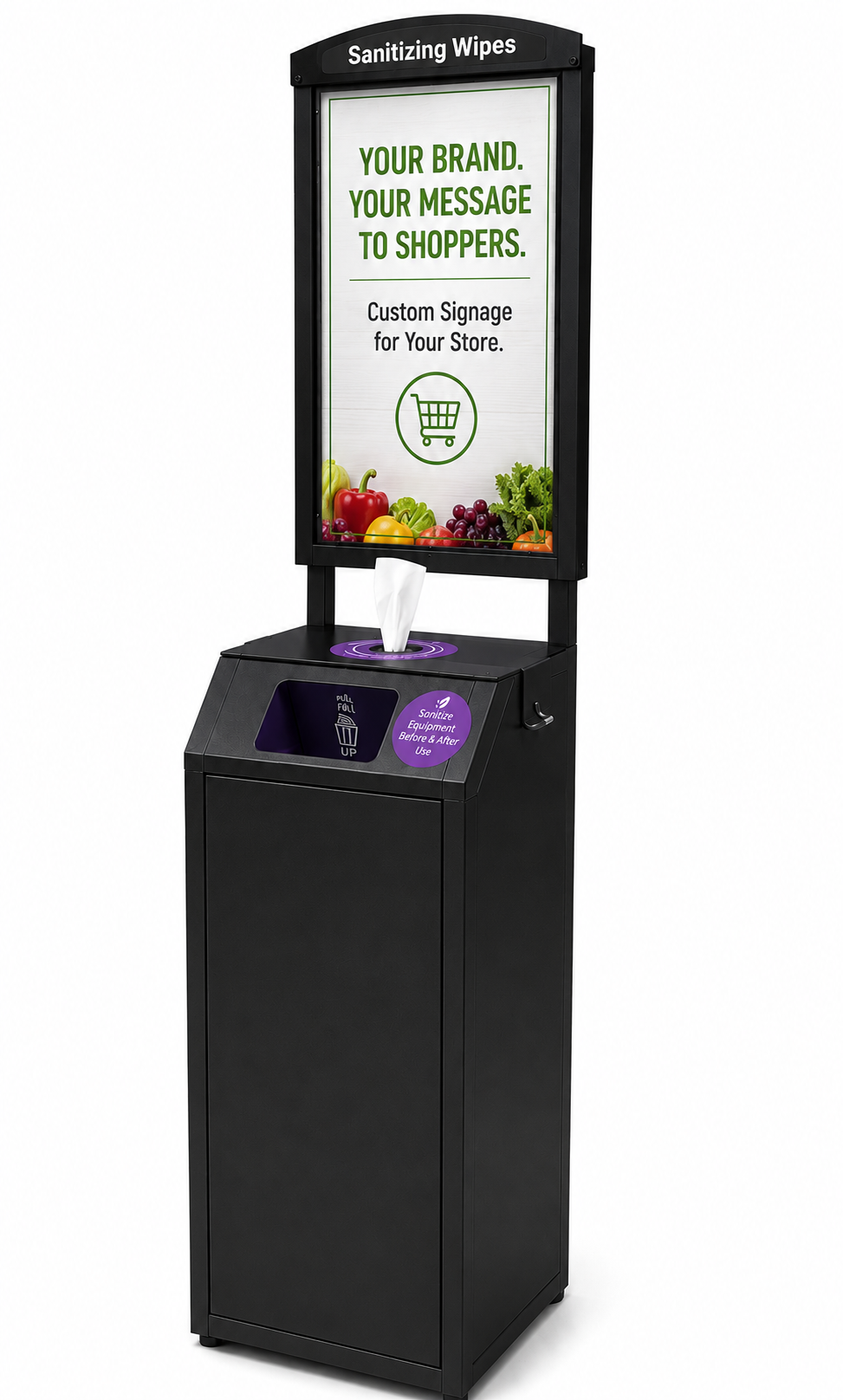 Tazza Mini Premium Black Wipe Dispenser – Compact Commercial Floor Stand with Storage, Trash & Customizable Signage