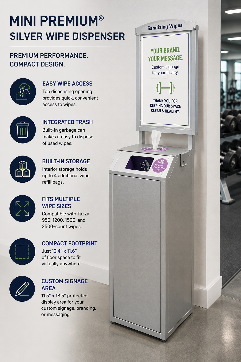 Tazza Mini Premium Silver Wipe Dispenser – Compact Commercial Floor Stand with Storage, Trash & Customizable Signage