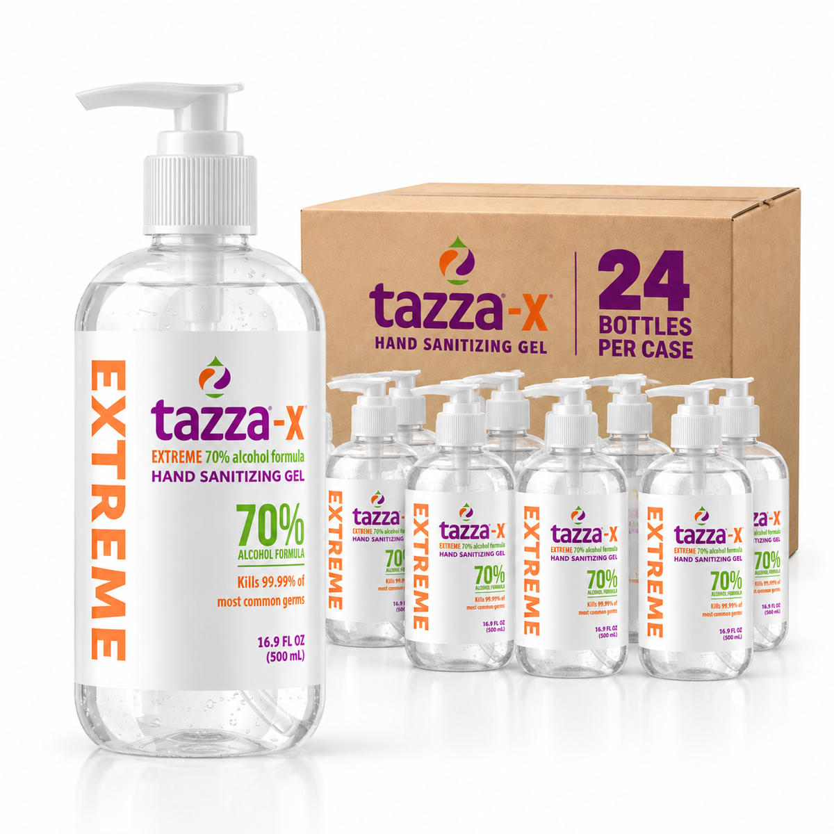 Tazza-X Hand Sanitizer Gel – 24 x 16.9 fl oz Bottles – 70% Alcohol with Pump Dispenser