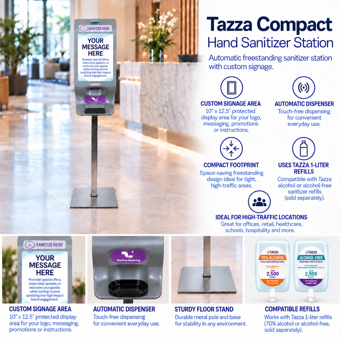 Tazza Compact Automatic Hand Sanitizer Station – Touchless Freestanding Dispenser with Metal Floor Stand & Custom Signage