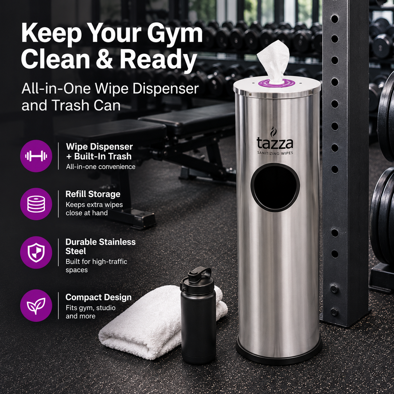 Tazza Stainless Steel Cylinder Wipe Dispenser – Commercial Floor Stand with Built-In Trash Can