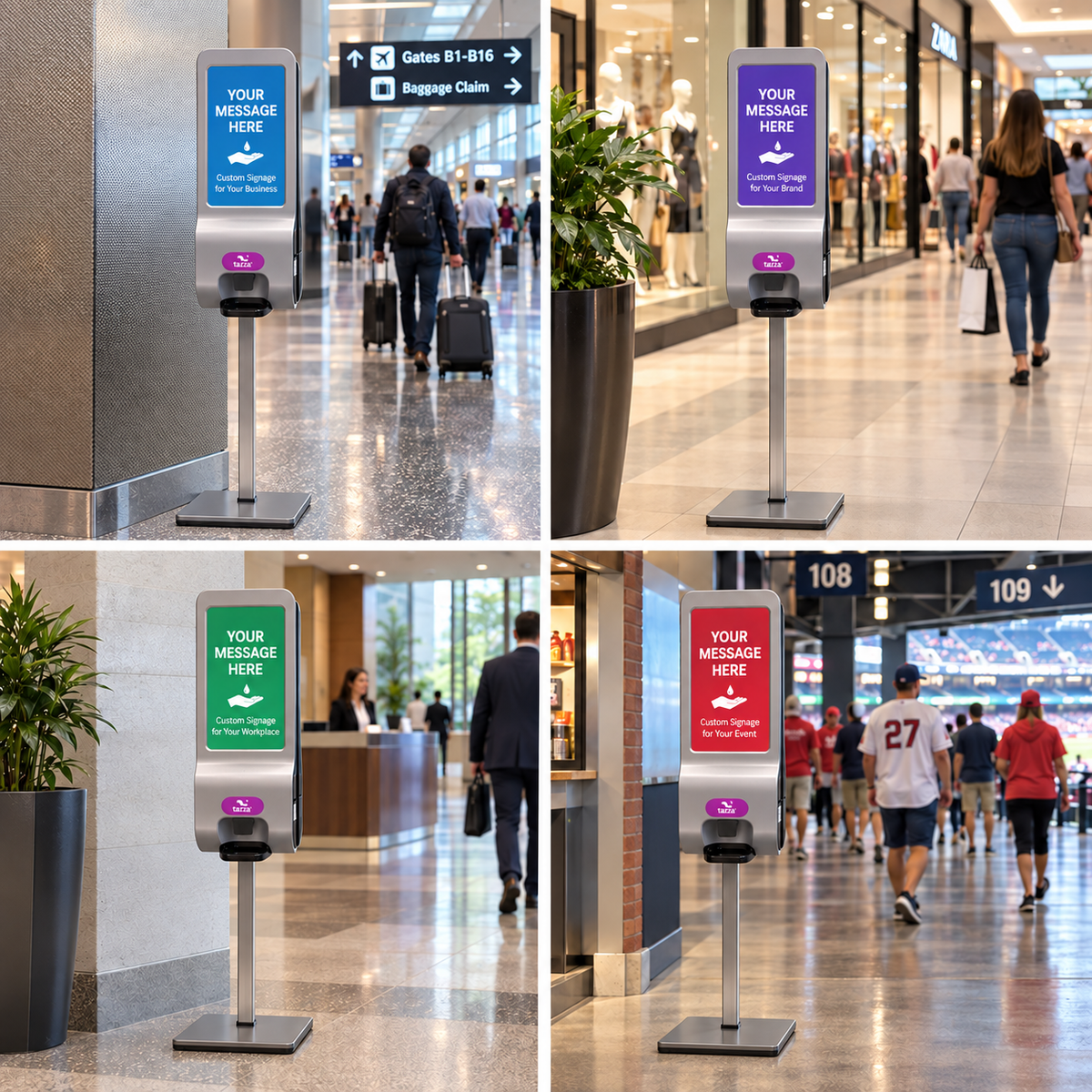 Tazza Luxury Manual Hand Sanitizer Station – Freestanding Commercial Dispenser with Metal Floor Stand & Custom Signage
