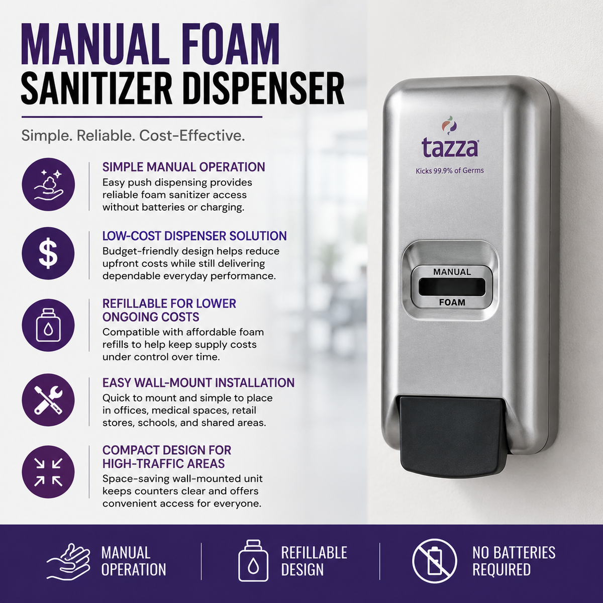 Manual Wall-Mounted Foam Sanitizer Dispenser – Refillable, Easy-Install, Low-Cost Design