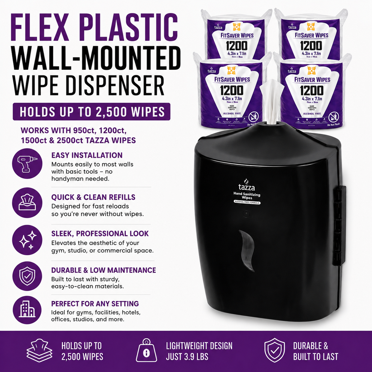 Tazza Flex Plastic Wall-Mounted Wipe Dispenser - High-Capacity, Space-Saving Design