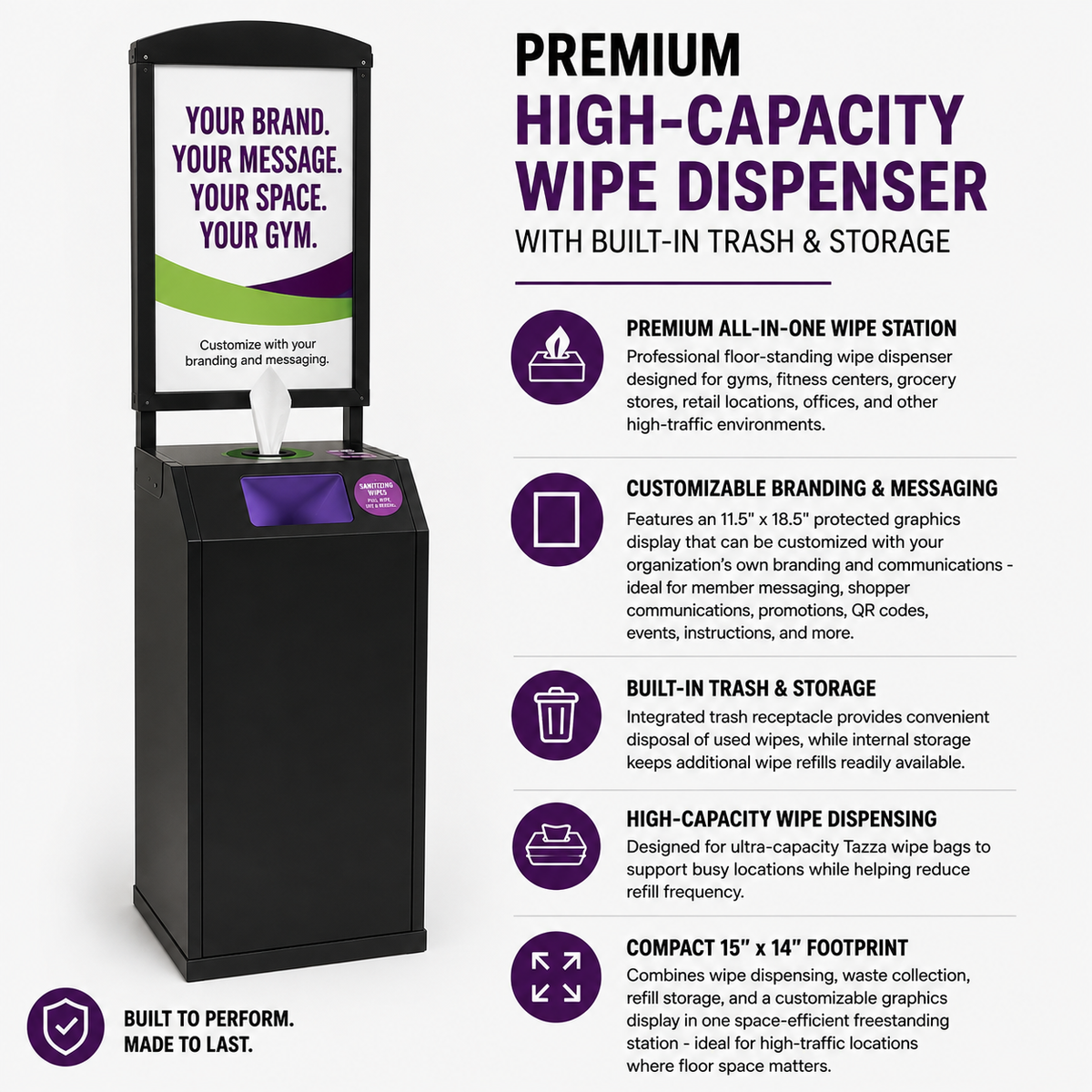 Tazza Full-Size Premium Wipe Dispenser – High-Capacity Commercial Floor Stand with Storage, Trash & Customizable Signage
