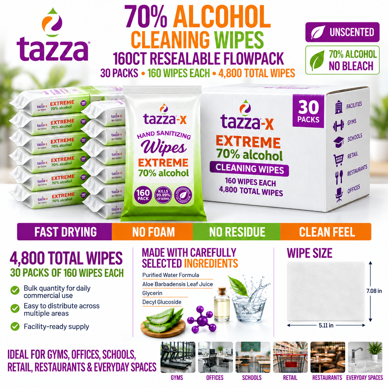 Wet Wipes - 30 x 160 Count (4,800 Total Wipes) - 70% Alcohol, Pre-Saturated Hand & Surface Cleaning Wipes