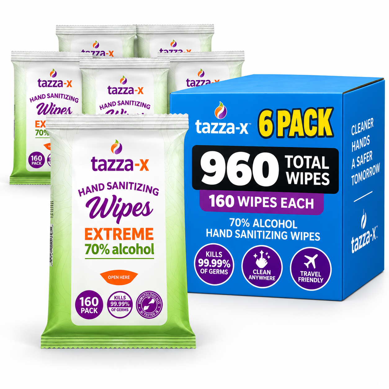 Wet Wipes - 6 x 160 Count (960 Total Wipes) - 70% Alcohol, Pre-Saturated Hand & Surface Cleaning Wipes