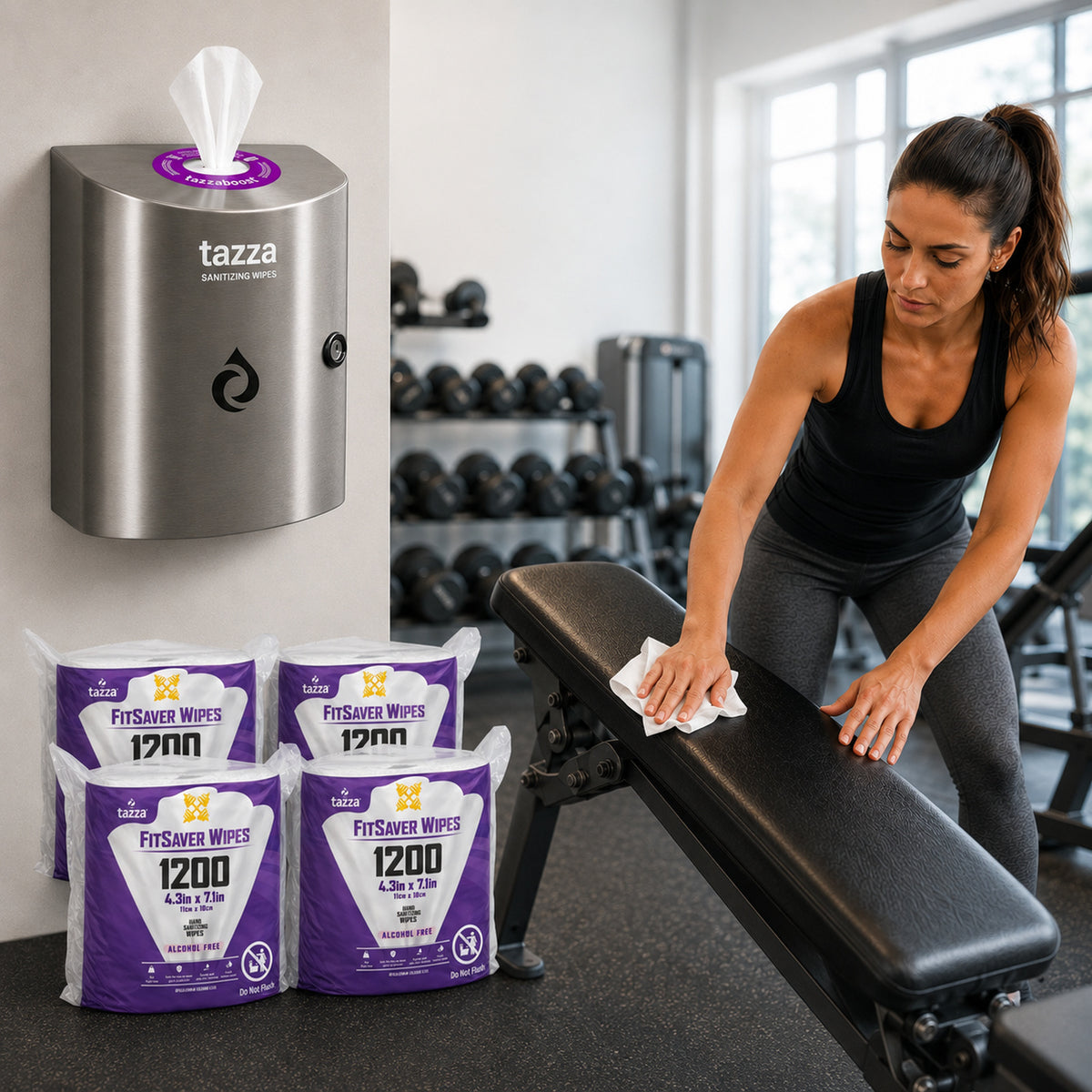 Tazza Stainless Wall Starter Kit – Metal Wall-Mounted Wipe Dispenser + FitSaver 1200CT Wipes