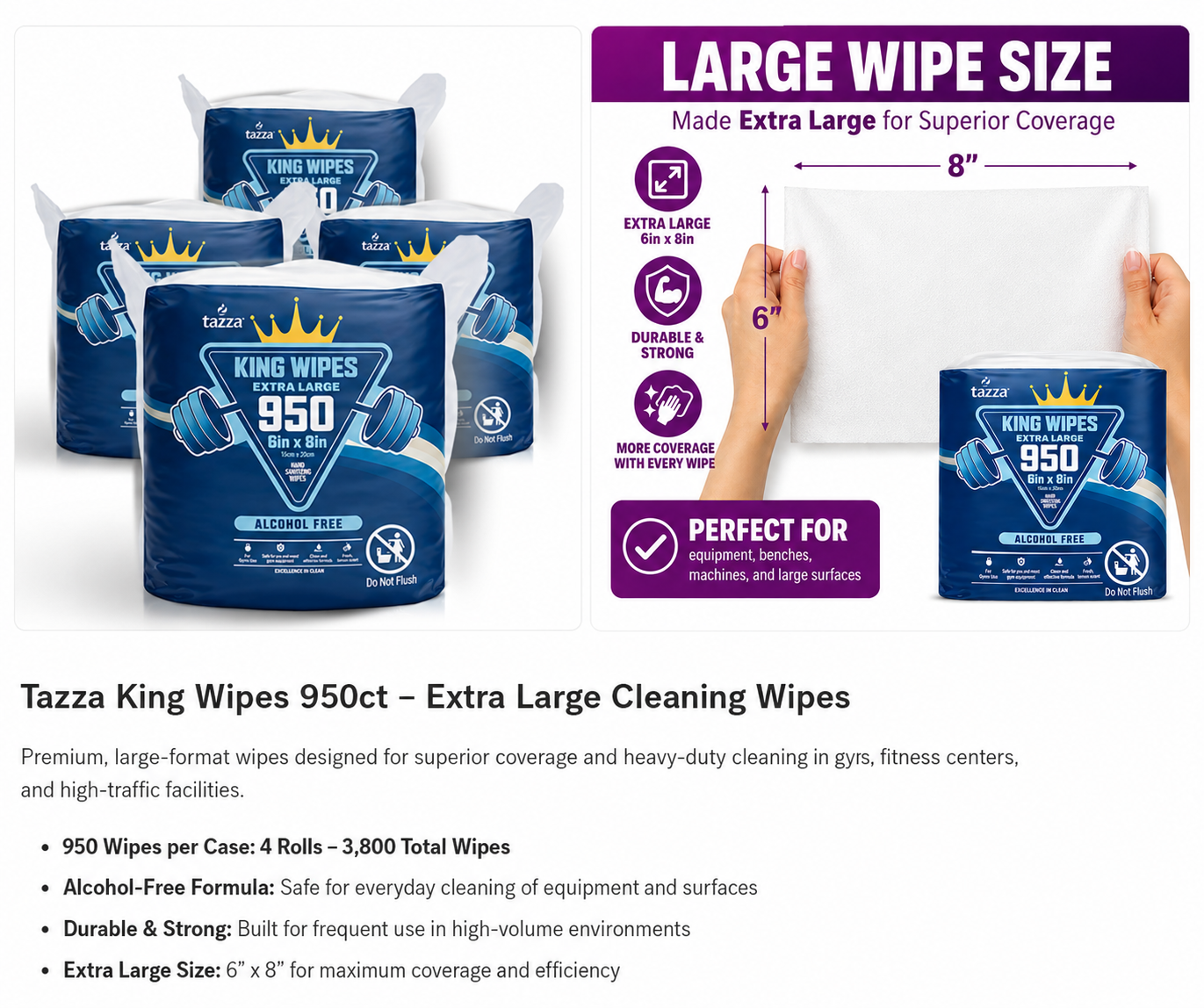 Gym Equip Wipes, 4 x 950 Count (3800 Total Wipes) - Durable, Pre-Saturated Gym Equipment & Surface Cleaning Wipes