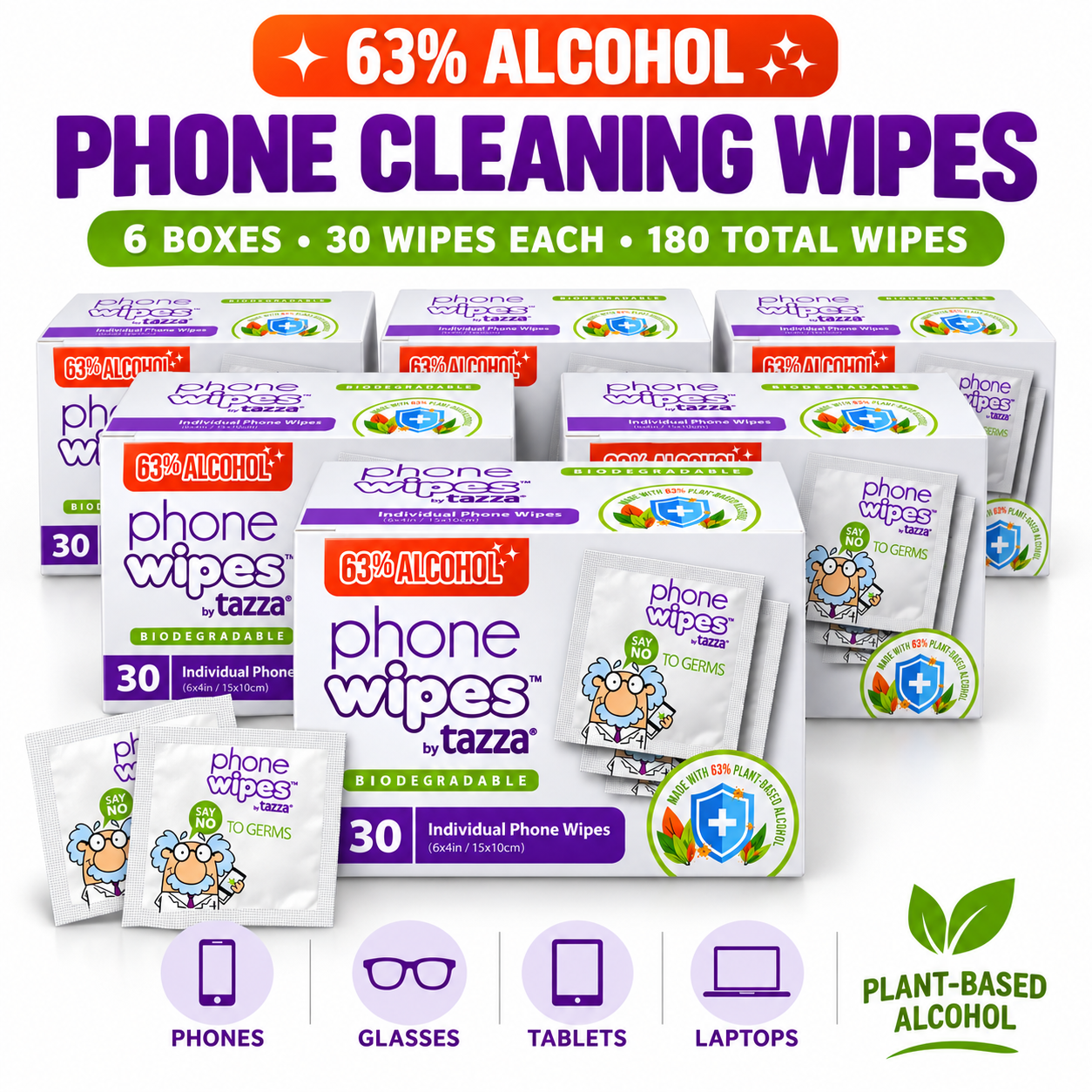 Screen Wipes - 6 x 30 Count (180 Total Wipes) - 63% Alcohol, Individually Wrapped Electronics Cleaning Wipes
