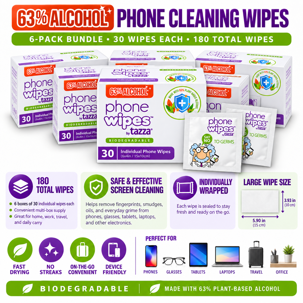 Screen Wipes - 6 x 30 Count (180 Total Wipes) - 63% Alcohol, Individually Wrapped Electronics Cleaning Wipes