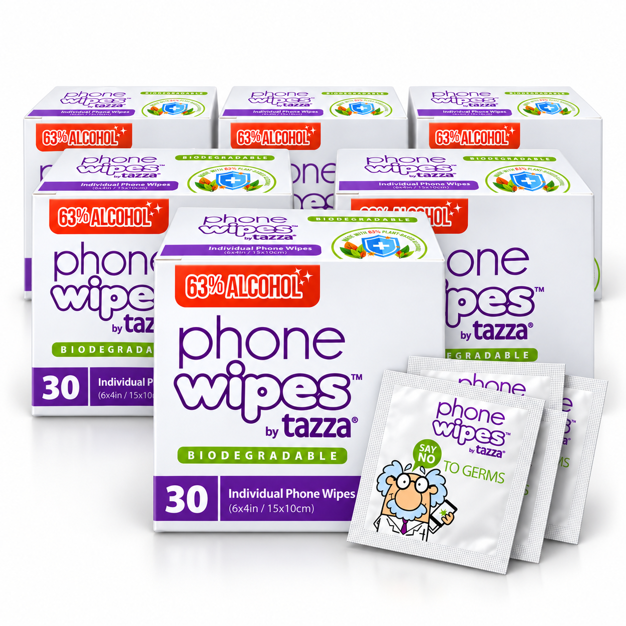Screen Wipes - 6 x 30 Count (180 Total Wipes) - 63% Alcohol, Individually Wrapped Electronics Cleaning Wipes