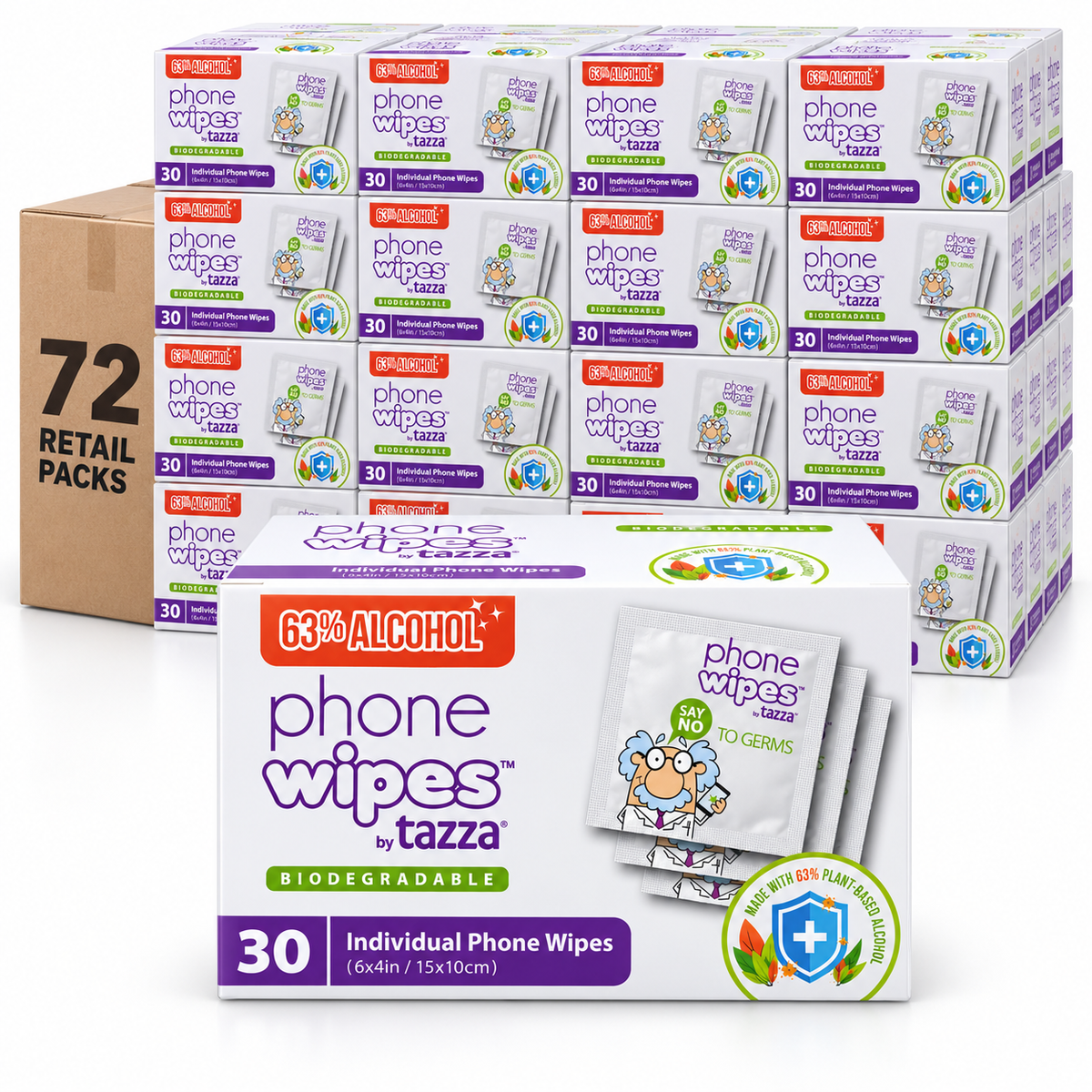 Screen Wipes - 72 x 30 Count (2,160 Total Wipes) - 63% Alcohol, Individually Wrapped Electronics Cleaning Wipes