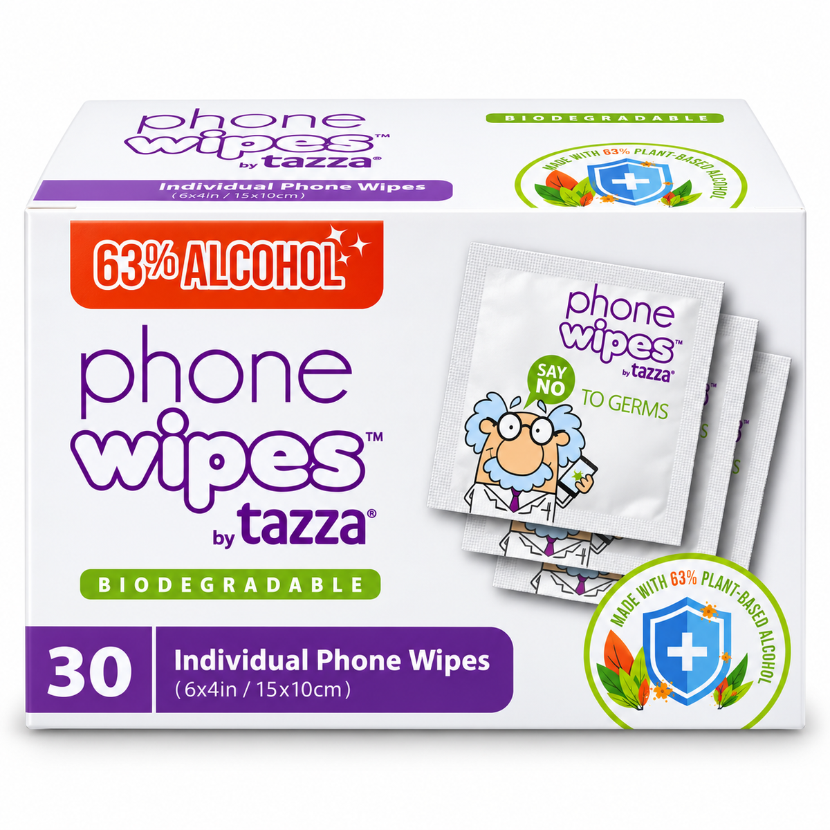 Screen Wipes - 6 x 30 Count (180 Total Wipes) - 63% Alcohol, Individually Wrapped Electronics Cleaning Wipes