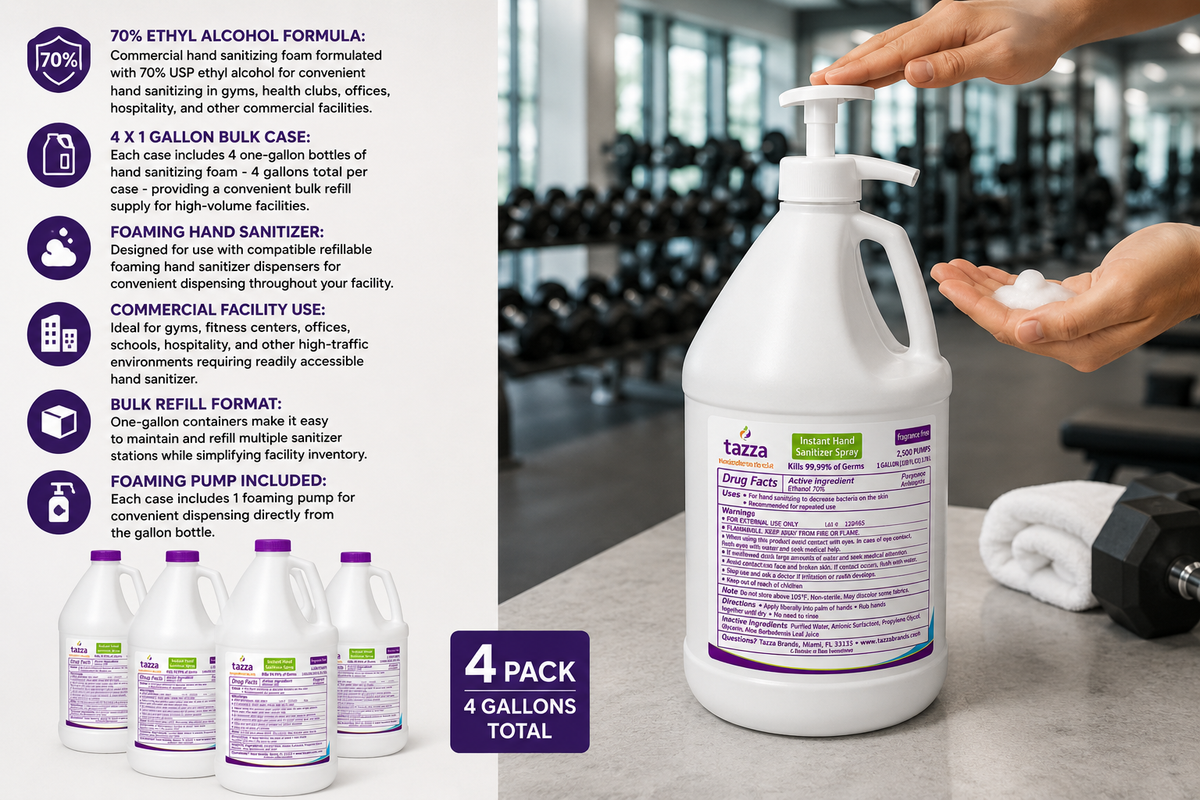 Tazza 70% Ethyl Alcohol Hand Sanitizing Foam, 4 x 1 Gallon – Commercial Bulk Refill