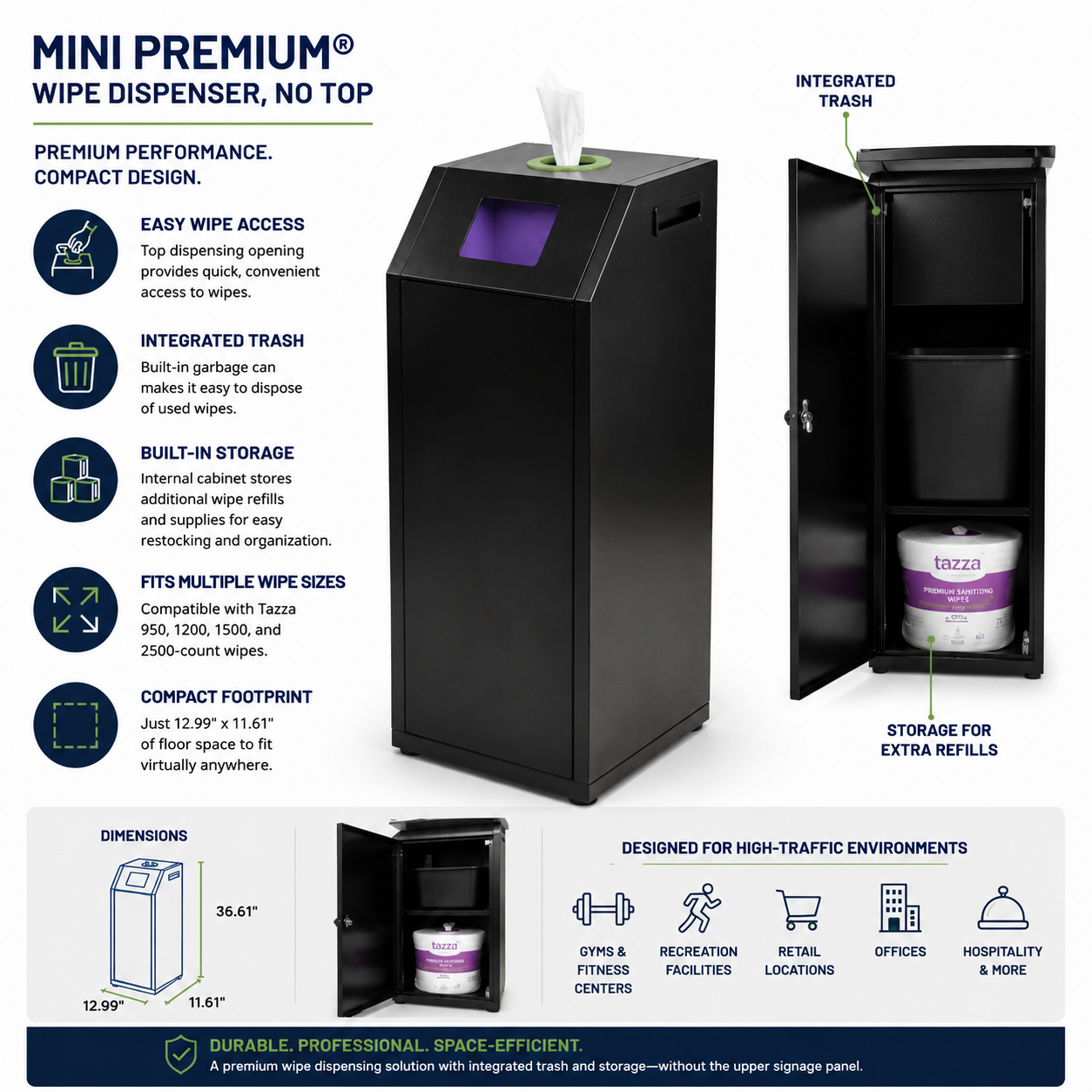 Tazza Mini Premium Wipe Dispenser – Commercial Floor Stand with Integrated Trash & Storage