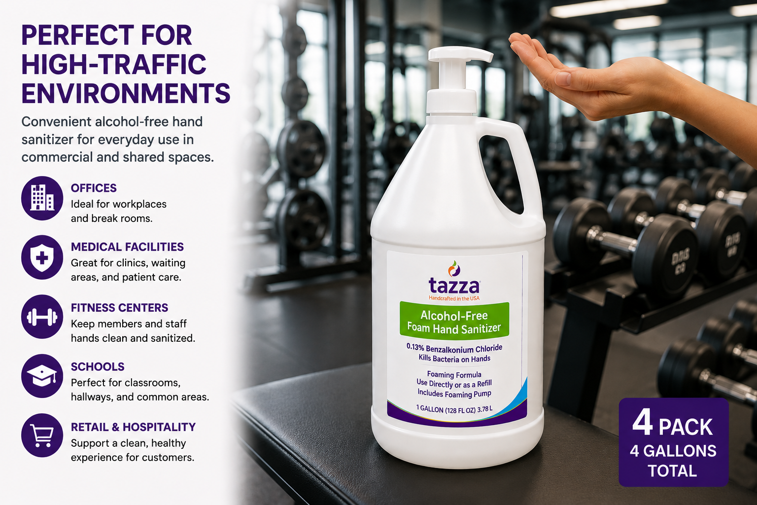 Tazza Alcohol-Free Foam Hand Sanitizer, 4 x 1 Gallon – Commercial Bulk Refill