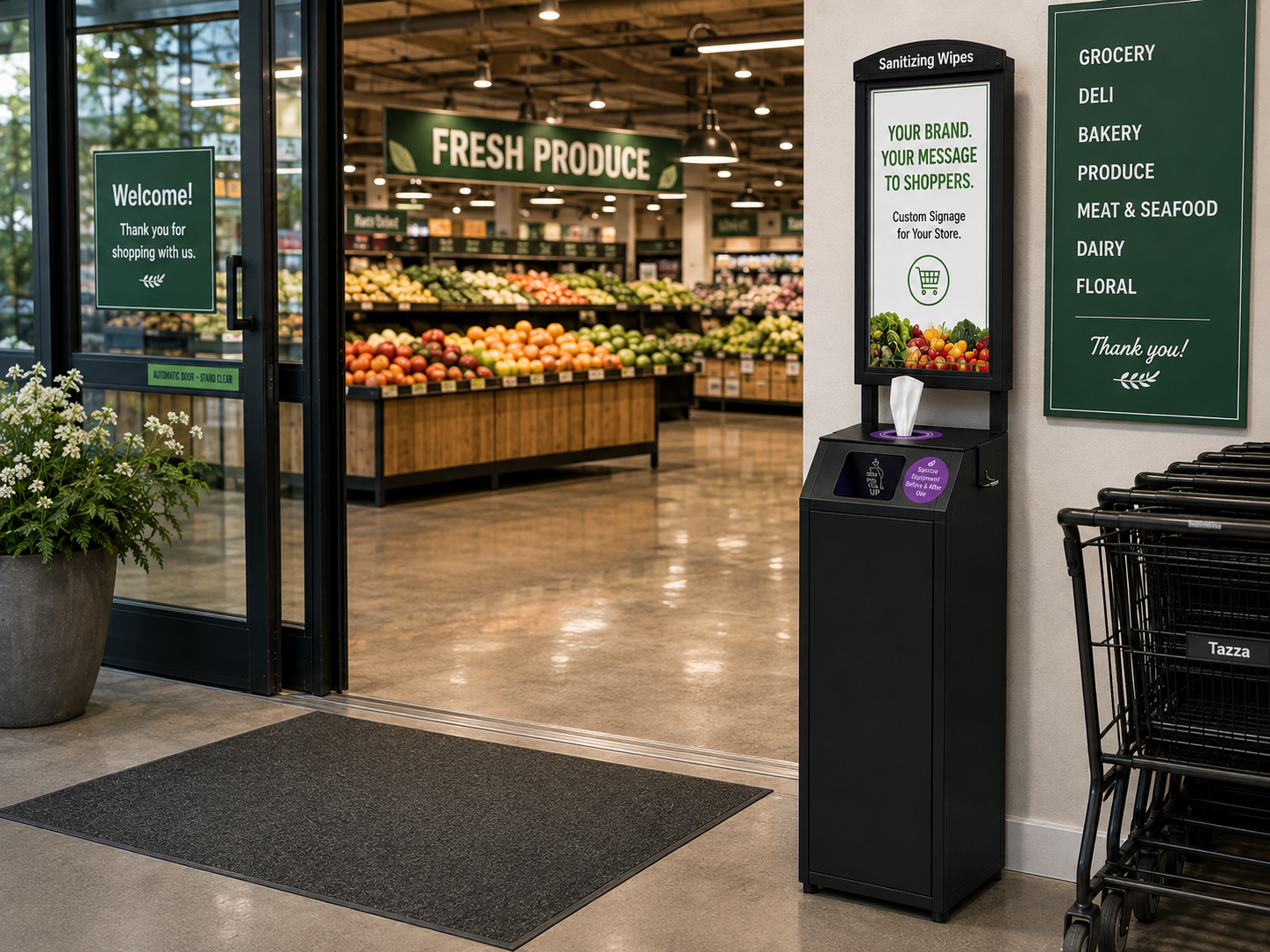 Tazza Mini Premium Black Wipe Dispenser – Compact Commercial Floor Stand with Storage, Trash & Customizable Signage