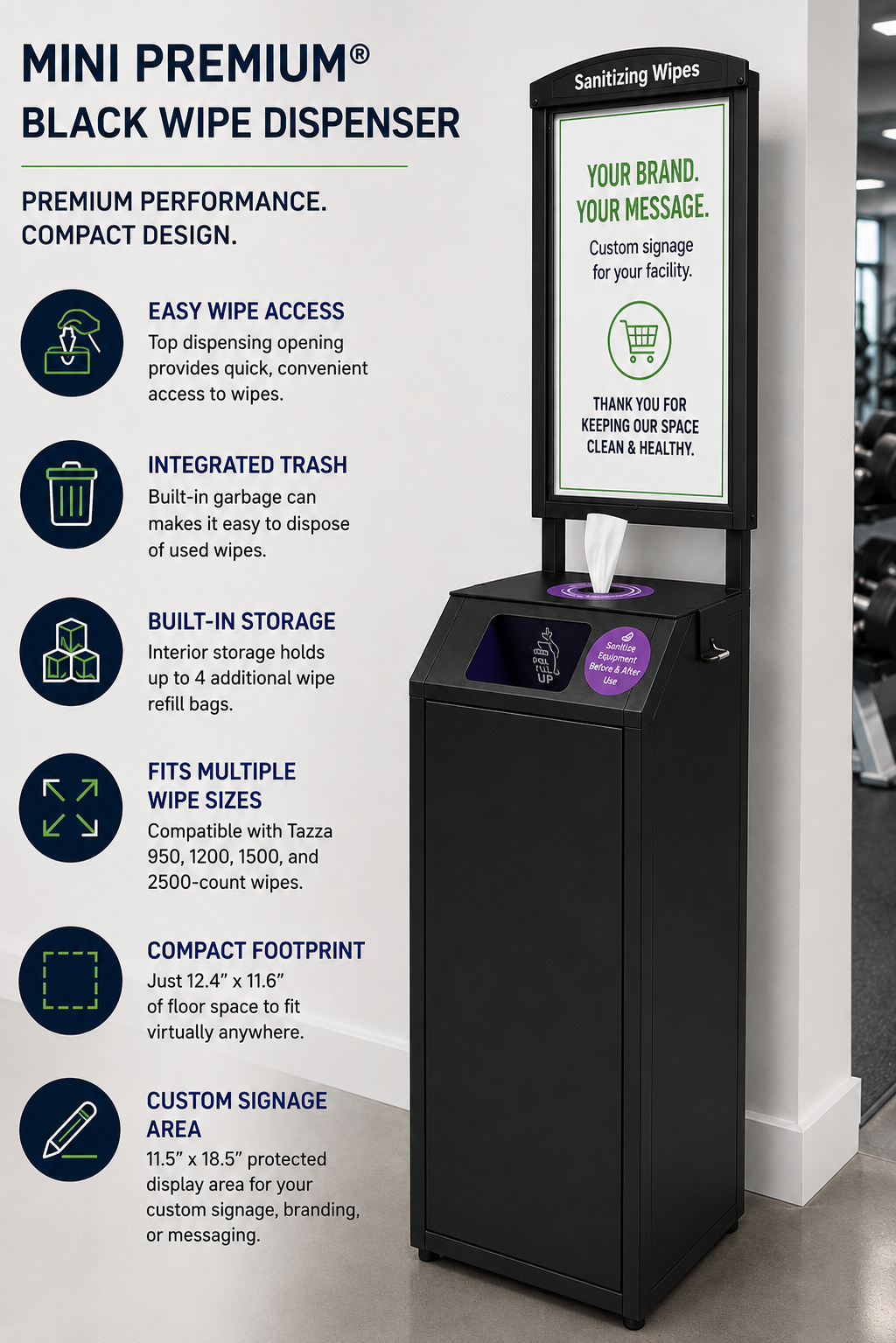 Tazza Mini Premium Black Wipe Dispenser – Compact Commercial Floor Stand with Storage, Trash & Customizable Signage