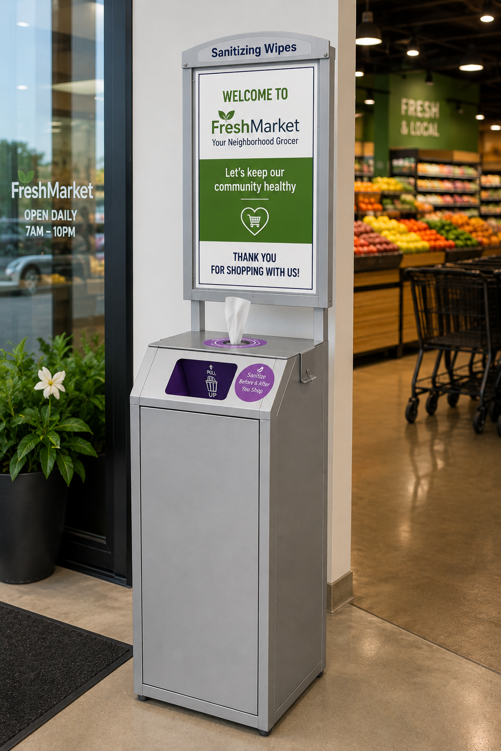 Tazza Mini Premium Silver Wipe Dispenser – Compact Commercial Floor Stand with Storage, Trash & Customizable Signage