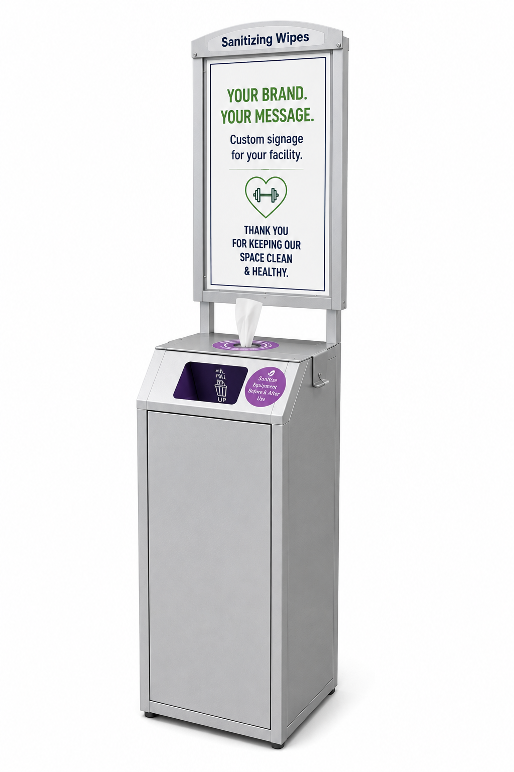 Tazza Mini Premium Silver Wipe Dispenser – Compact Commercial Floor Stand with Storage, Trash & Customizable Signage
