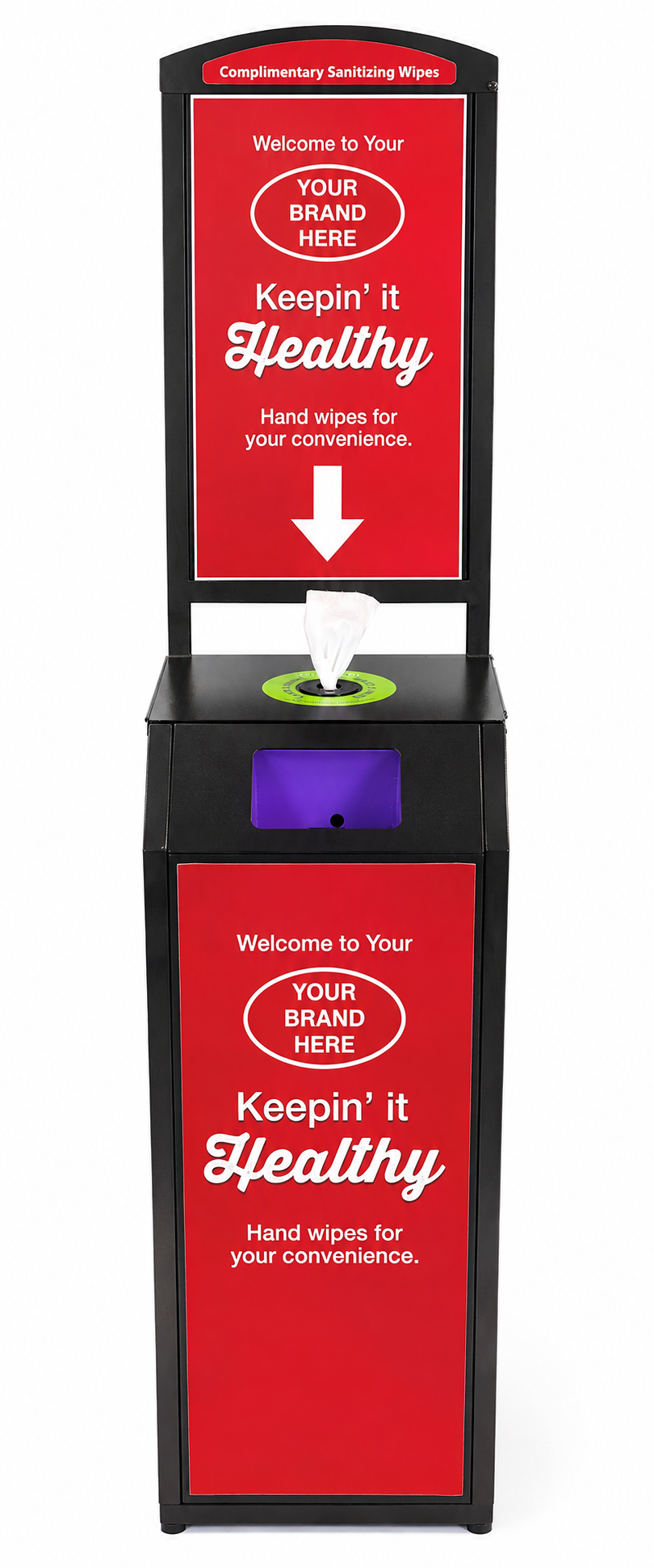 Tazza Full-Size Premium Wipe Dispenser – High-Capacity Commercial Floor Stand with Storage, Trash & Customizable Signage