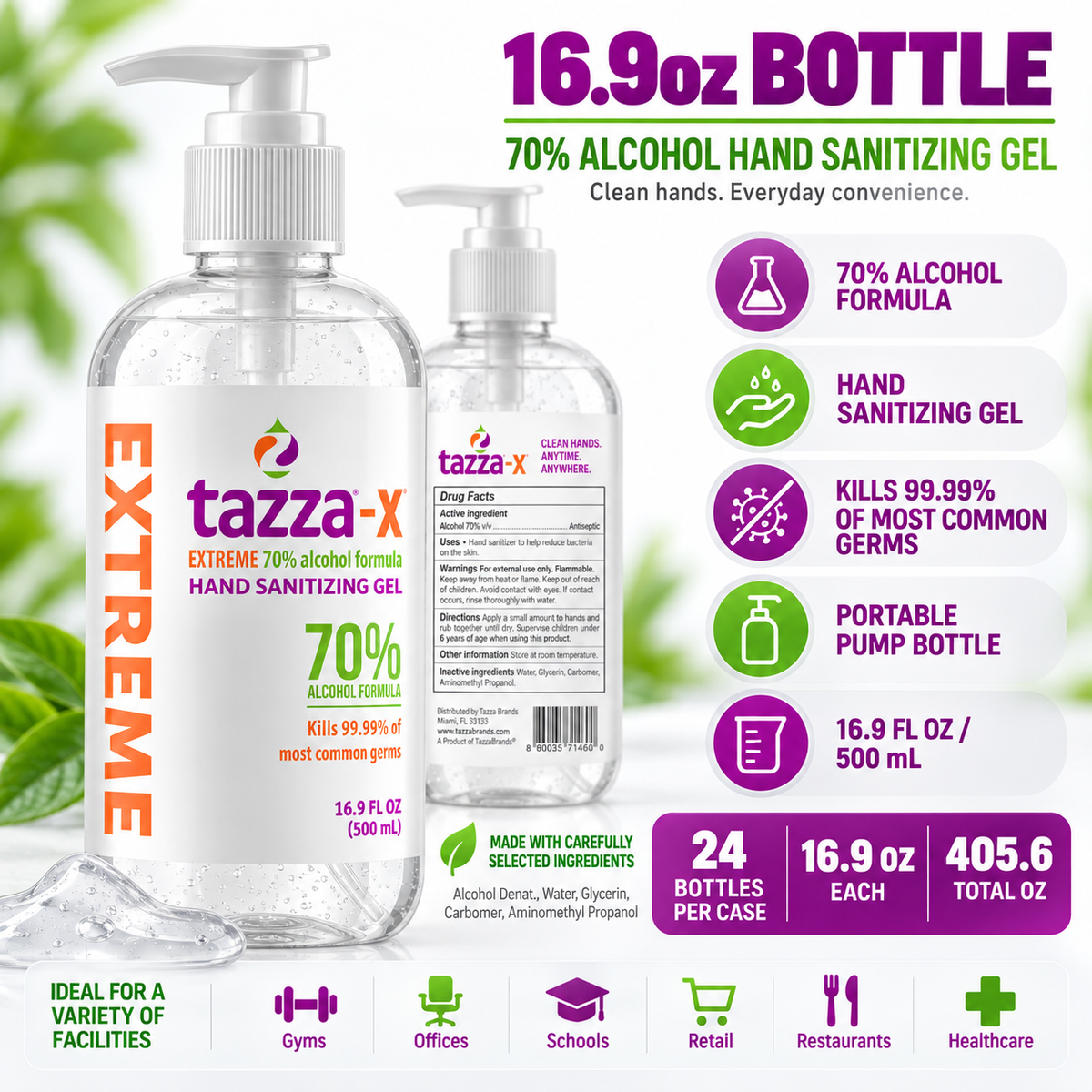 Tazza-X Hand Sanitizer Gel – 24 x 16.9 fl oz Bottles – 70% Alcohol with Pump Dispenser