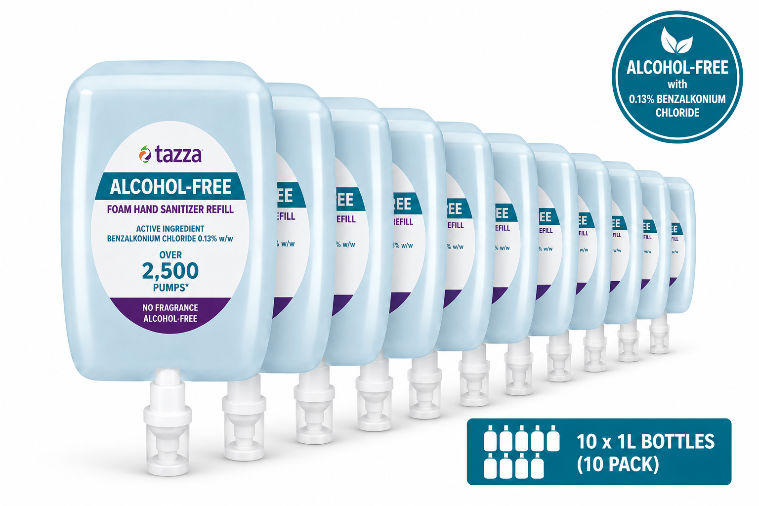 Tazza Alcohol-Free Foam Hand Sanitizer Refill - 10 x 1L Bottles, Up to 25,000 Pumps
