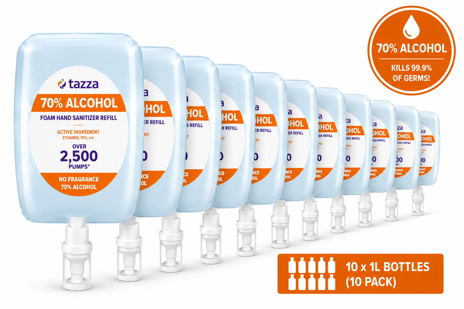 Tazza 70% Alcohol Foam Hand Sanitizer Refill - 10 x 1L Bottles, Up to 25,000 Pumps