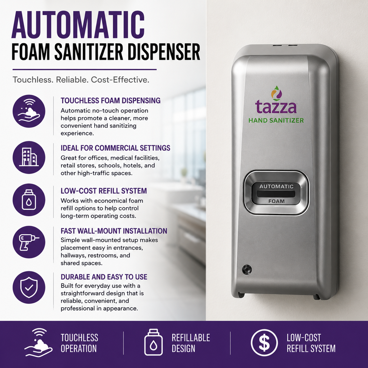 Tazza Hand Sanitizing Starter Kit – Automatic Foam Dispenser + 1-Liter Sanitizer Refills
