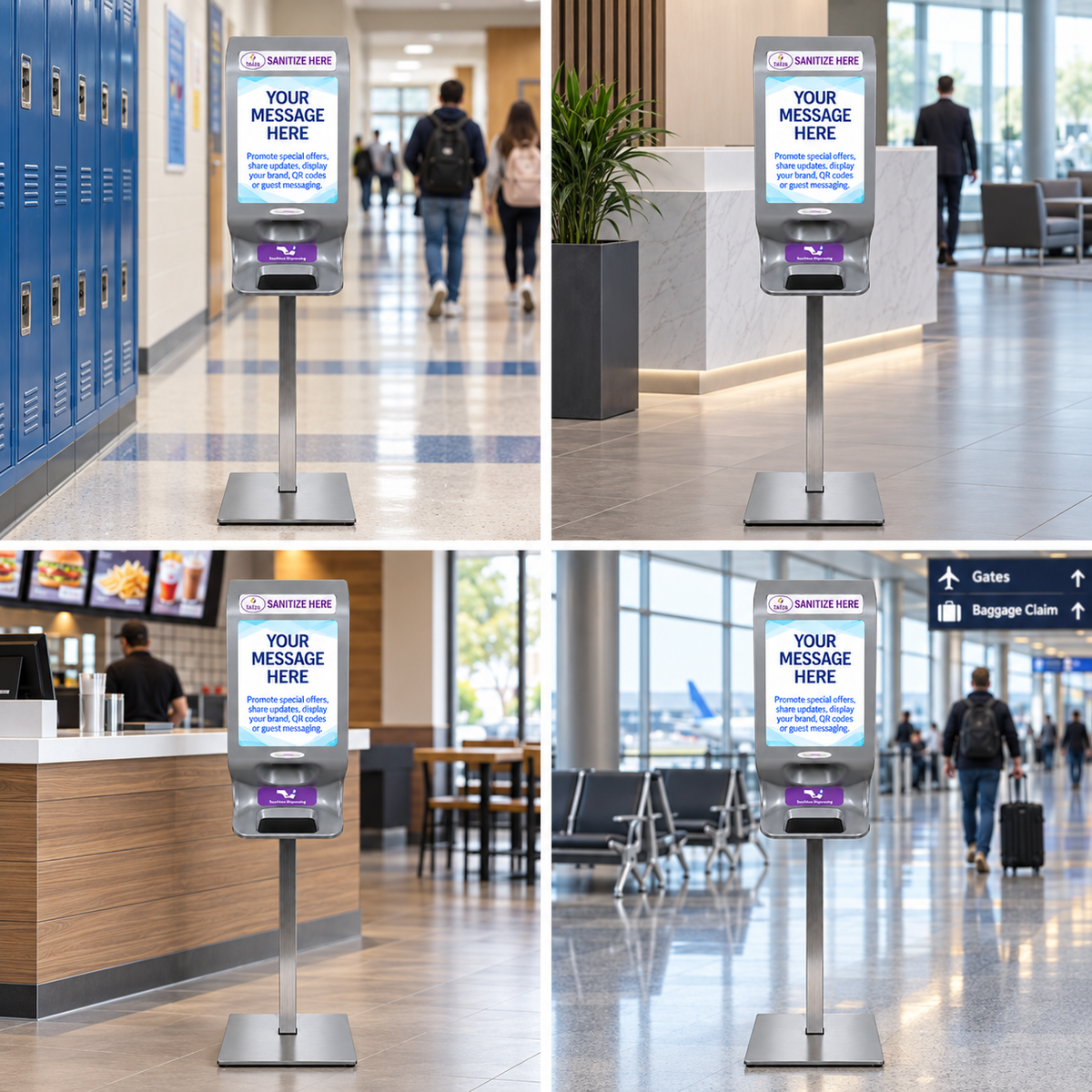 Tazza Compact Automatic Hand Sanitizer Station – Touchless Freestanding Dispenser with Metal Floor Stand & Custom Signage