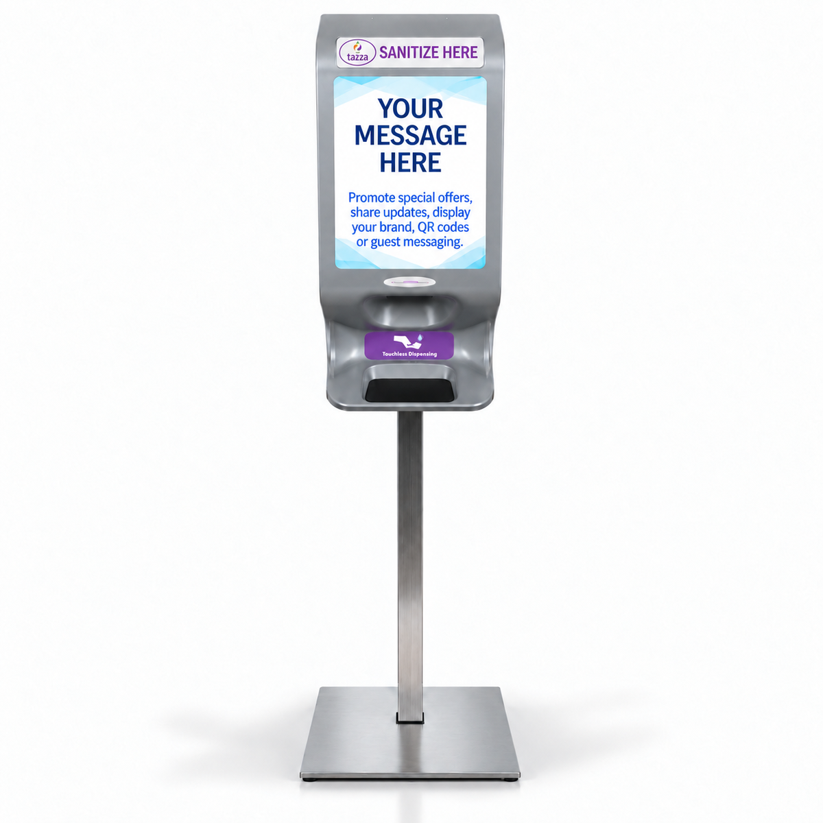 Tazza Compact Automatic Hand Sanitizer Station – Touchless Freestanding Dispenser with Metal Floor Stand & Custom Signage