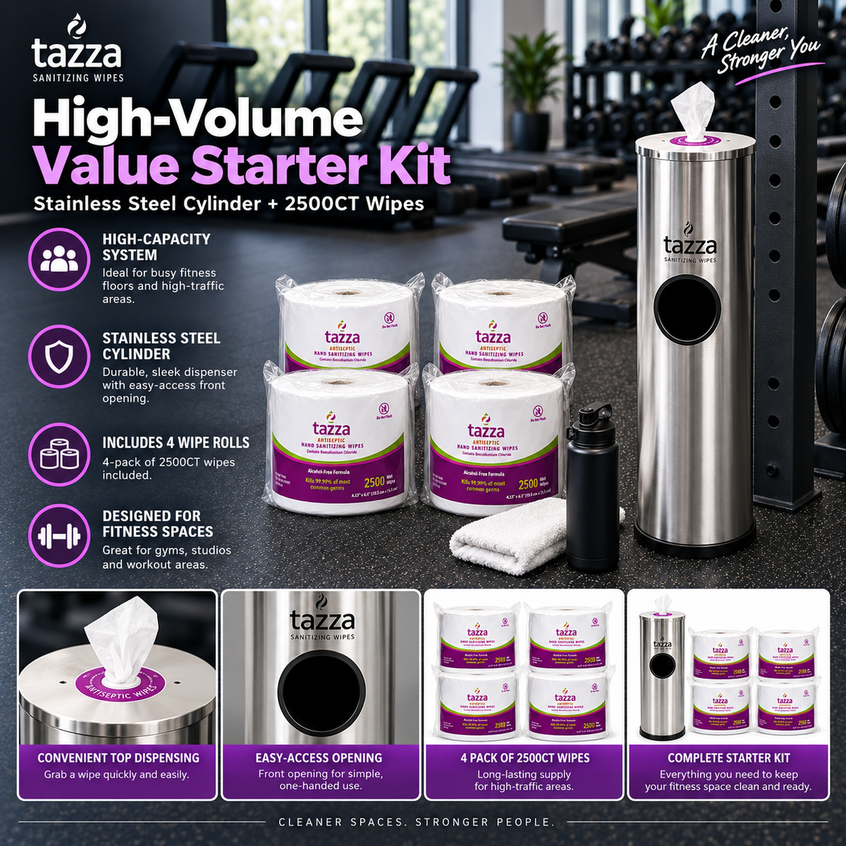 Tazza High-Volume Value Starter Kit – Stainless Steel Wipe Dispenser + MaxCount 2500CT Wipes
