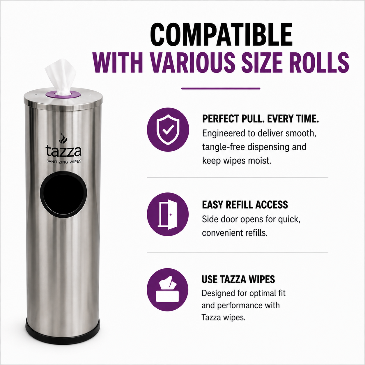 Tazza Stainless Steel Cylinder Wipe Dispenser – Commercial Floor Stand with Built-In Trash Can