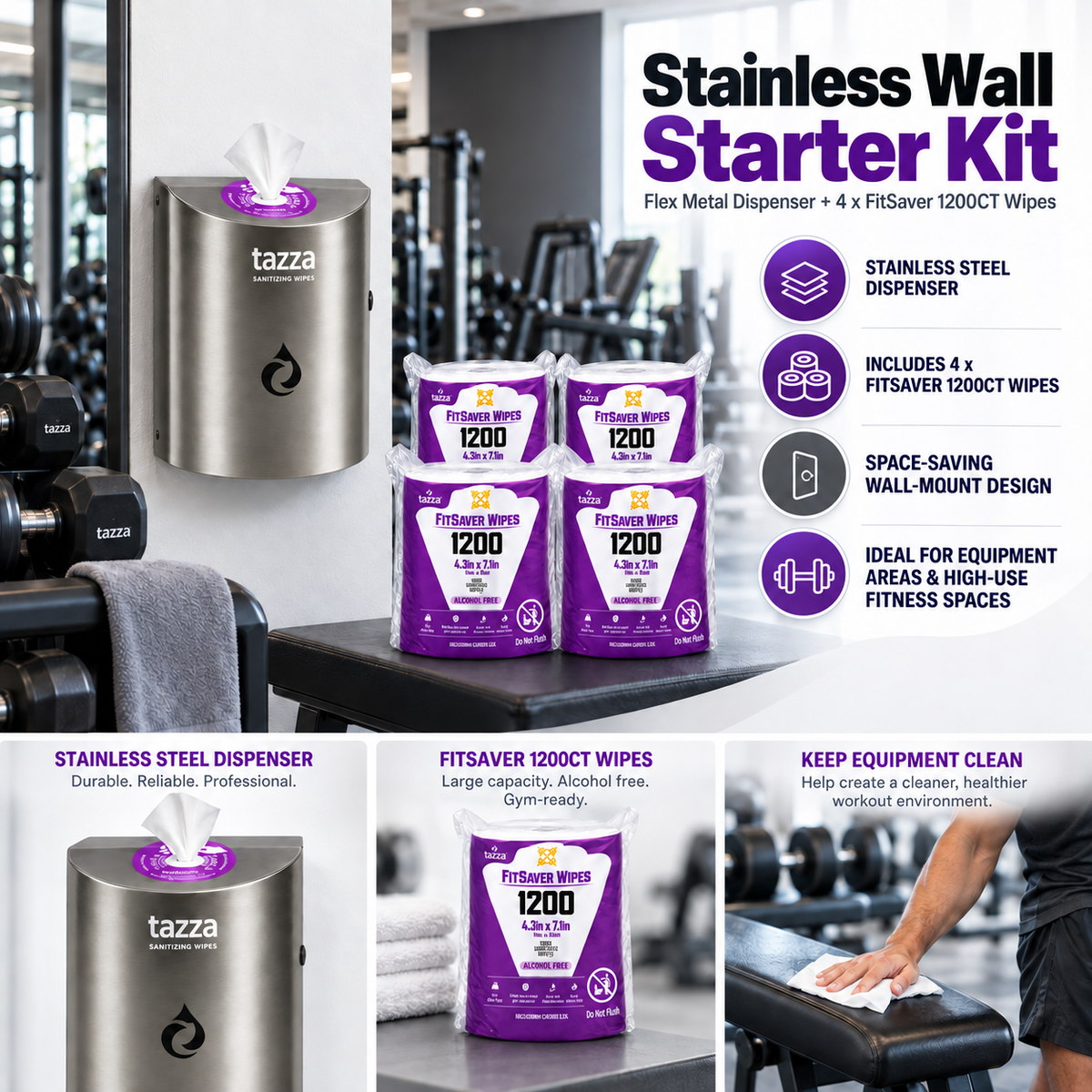 Tazza Stainless Wall Starter Kit – Metal Wall-Mounted Wipe Dispenser + FitSaver 1200CT Wipes