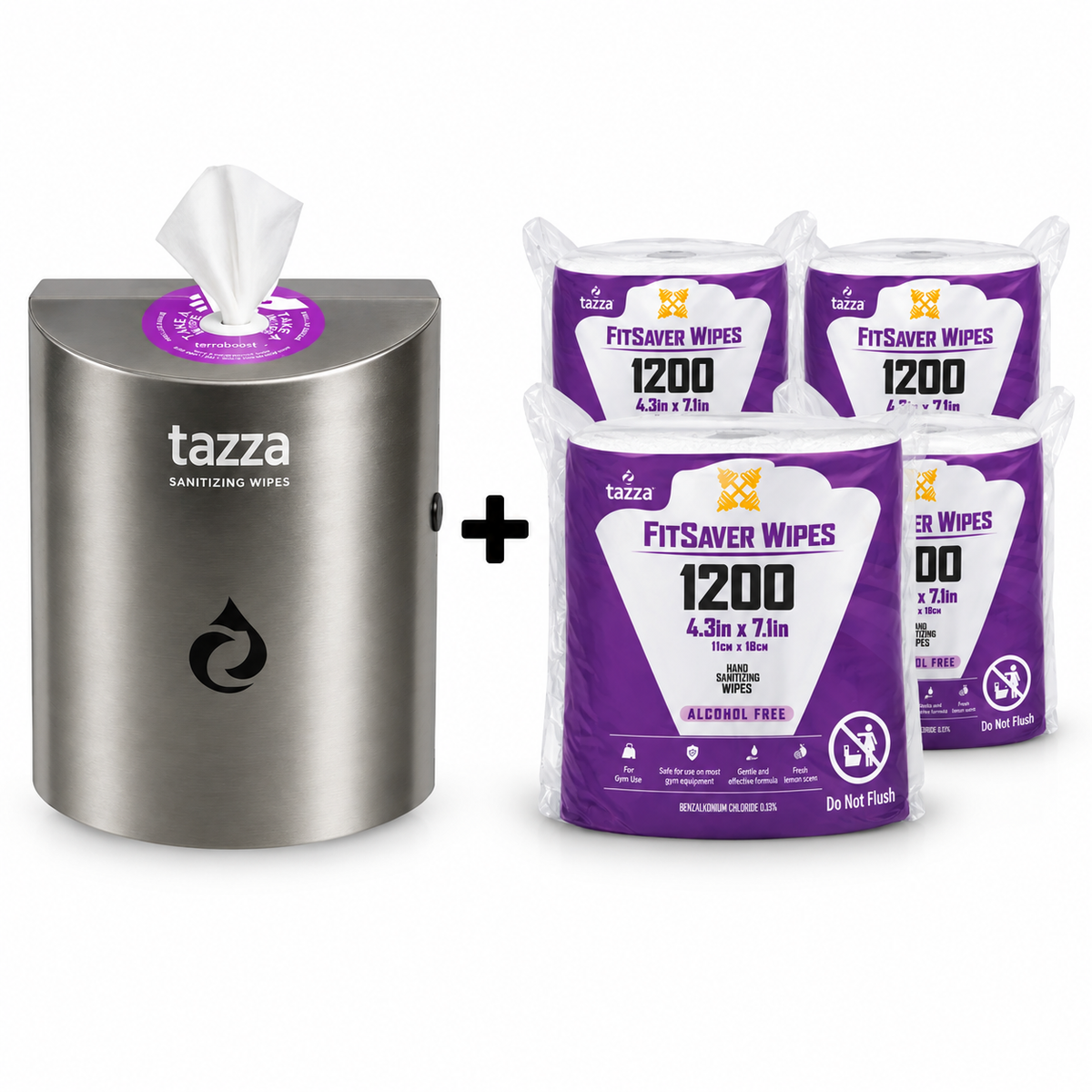 Tazza Stainless Wall Starter Kit – Metal Wall-Mounted Wipe Dispenser + FitSaver 1200CT Wipes