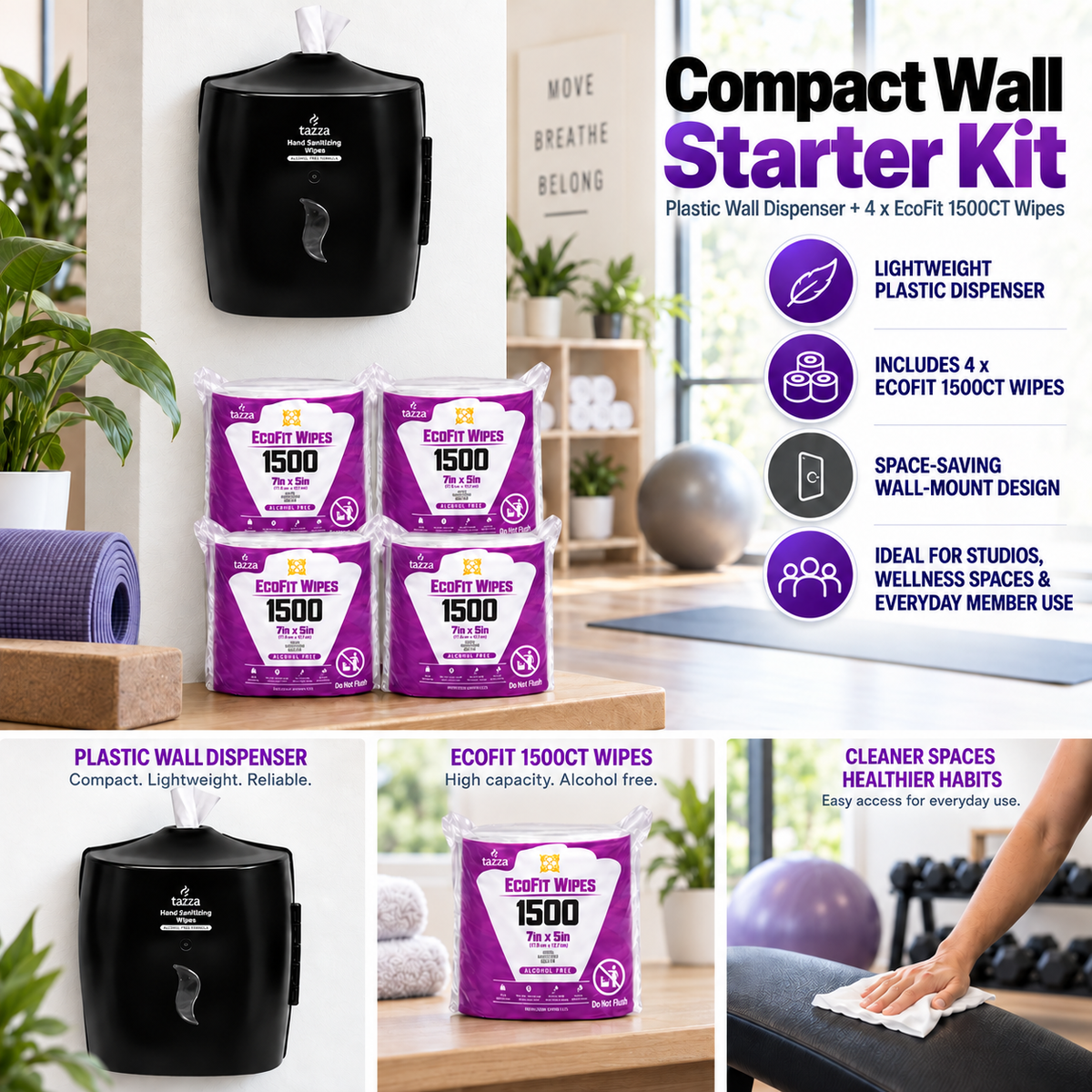 Tazza Compact Wall Starter Kit – Wall-Mounted Wipe Dispenser + EcoFit 1500CT Wipes