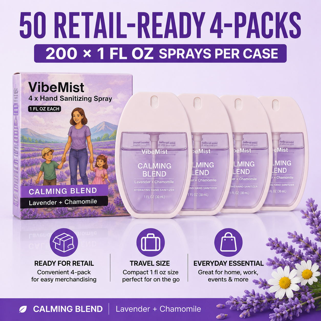 Tazza VibeMist Calming Blend Hand Sanitizing Spray - Lavender + Chamomile - Case of 200