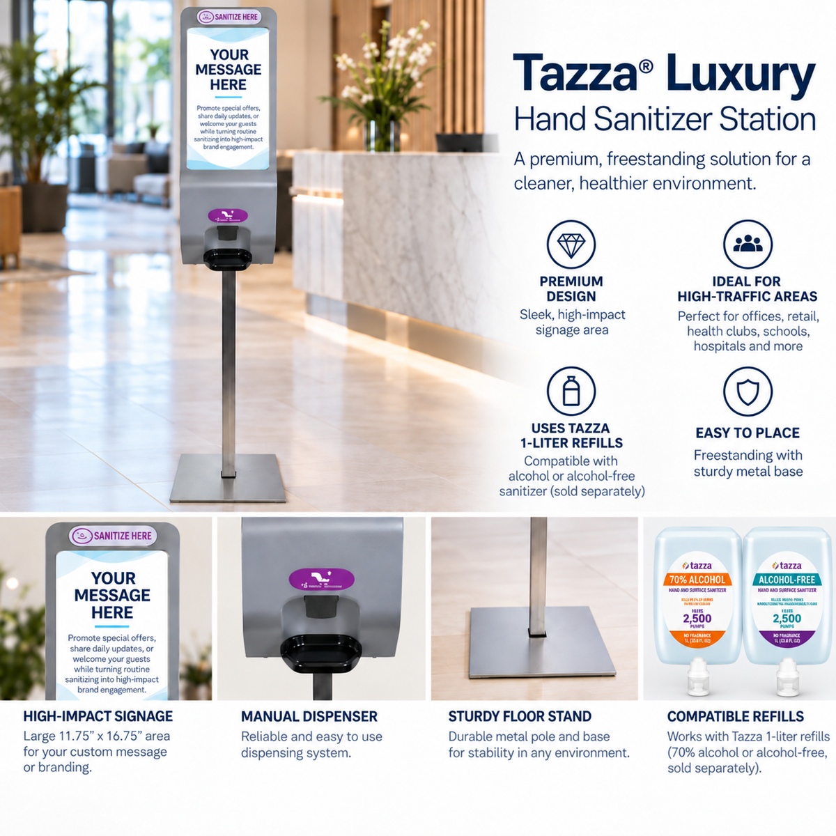 Tazza Luxury Manual Hand Sanitizer Station – Freestanding Commercial Dispenser with Metal Floor Stand & Custom Signage