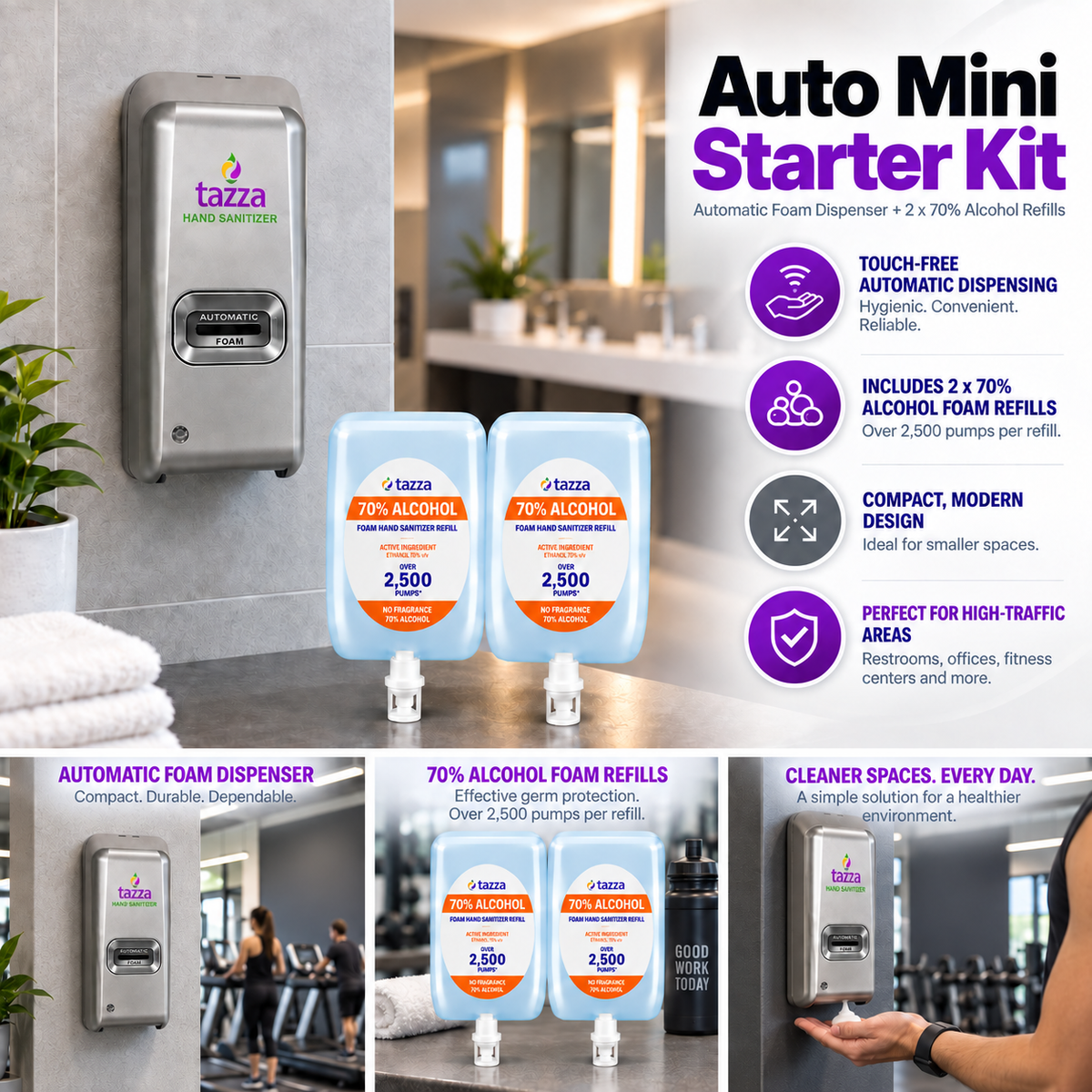 Tazza Hand Sanitizing Starter Kit – Automatic Foam Dispenser + 1-Liter Sanitizer Refills