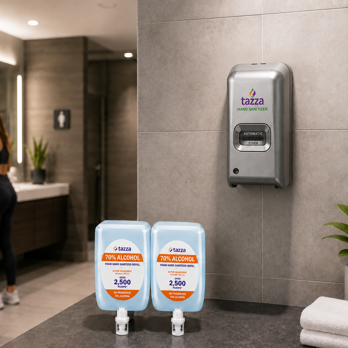 Tazza Hand Sanitizing Starter Kit – Automatic Foam Dispenser + 1-Liter Sanitizer Refills