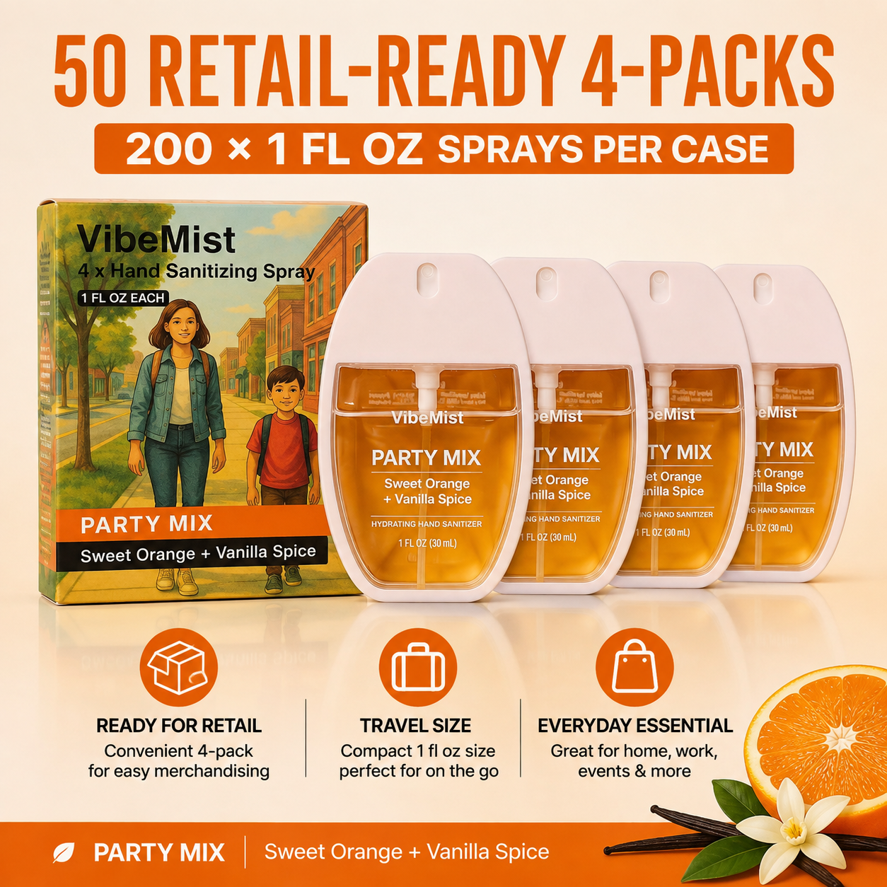 Tazza VibeMist Party Mix Hand Sanitizing Spray - Sweet Orange + Vanilla Spice - Case of 200